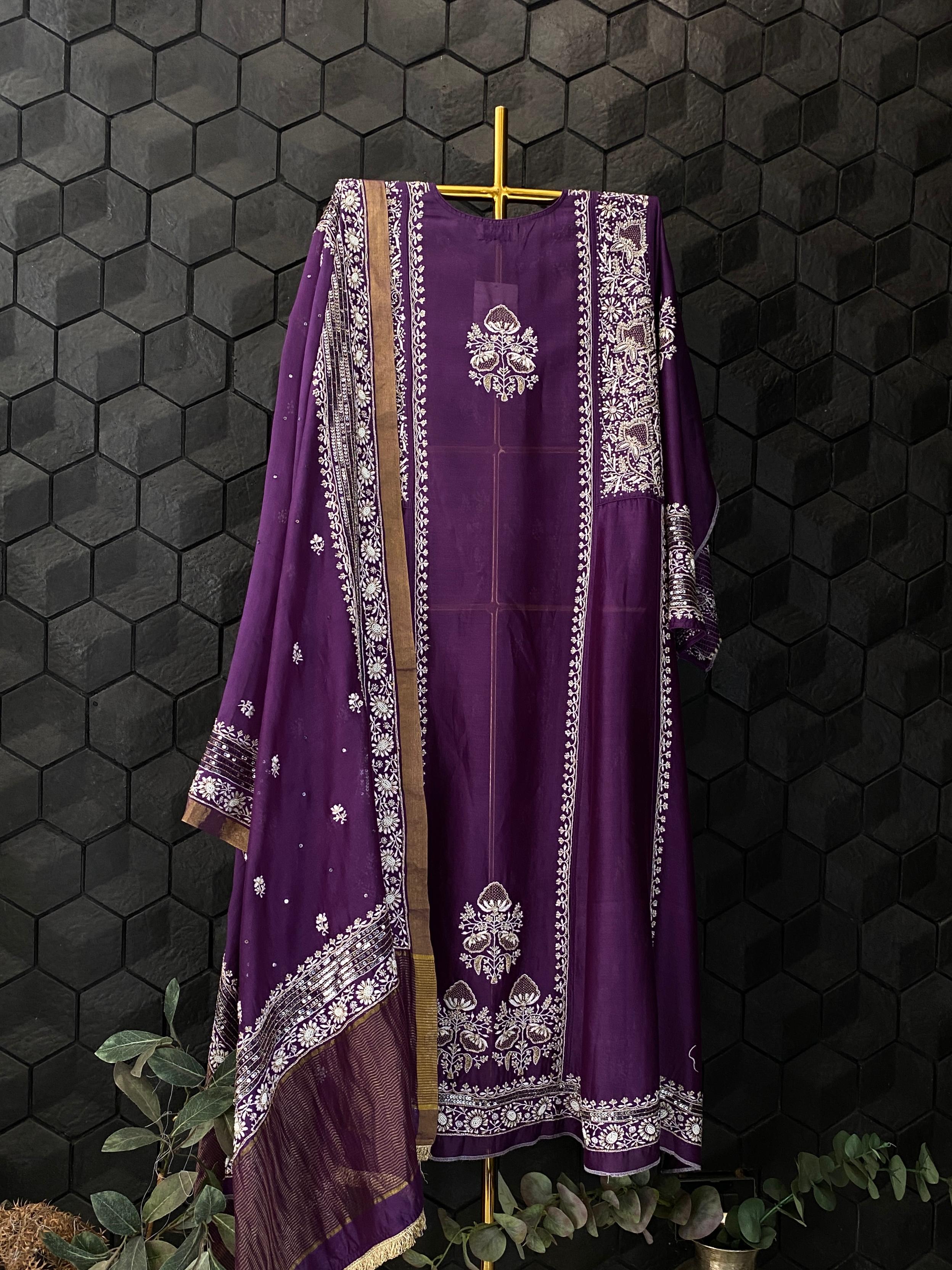 Purple Chanderi chikankari Anarkali with heavy statement sequins dupatta