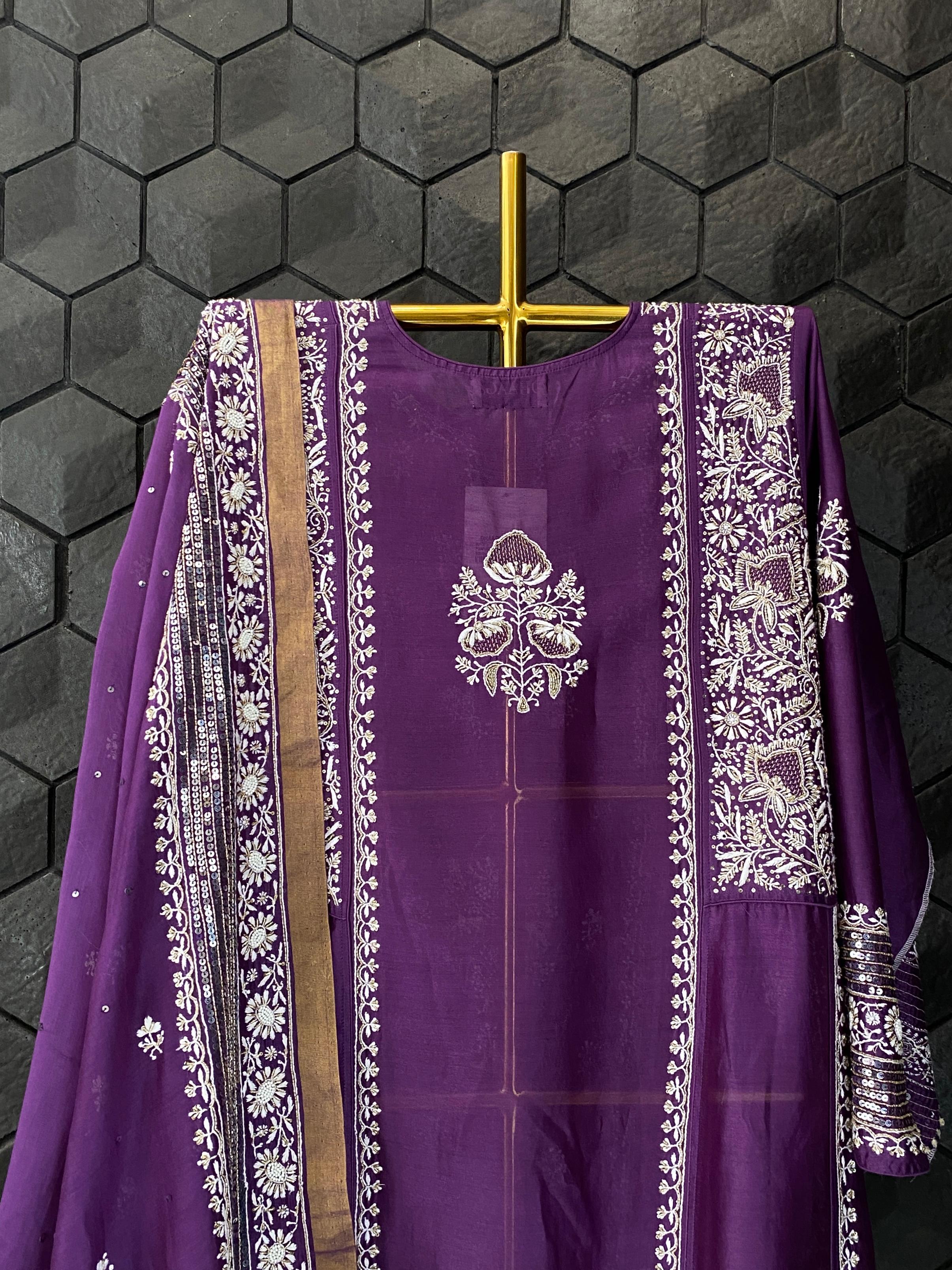 Purple Chanderi chikankari Anarkali with heavy statement sequins dupatta