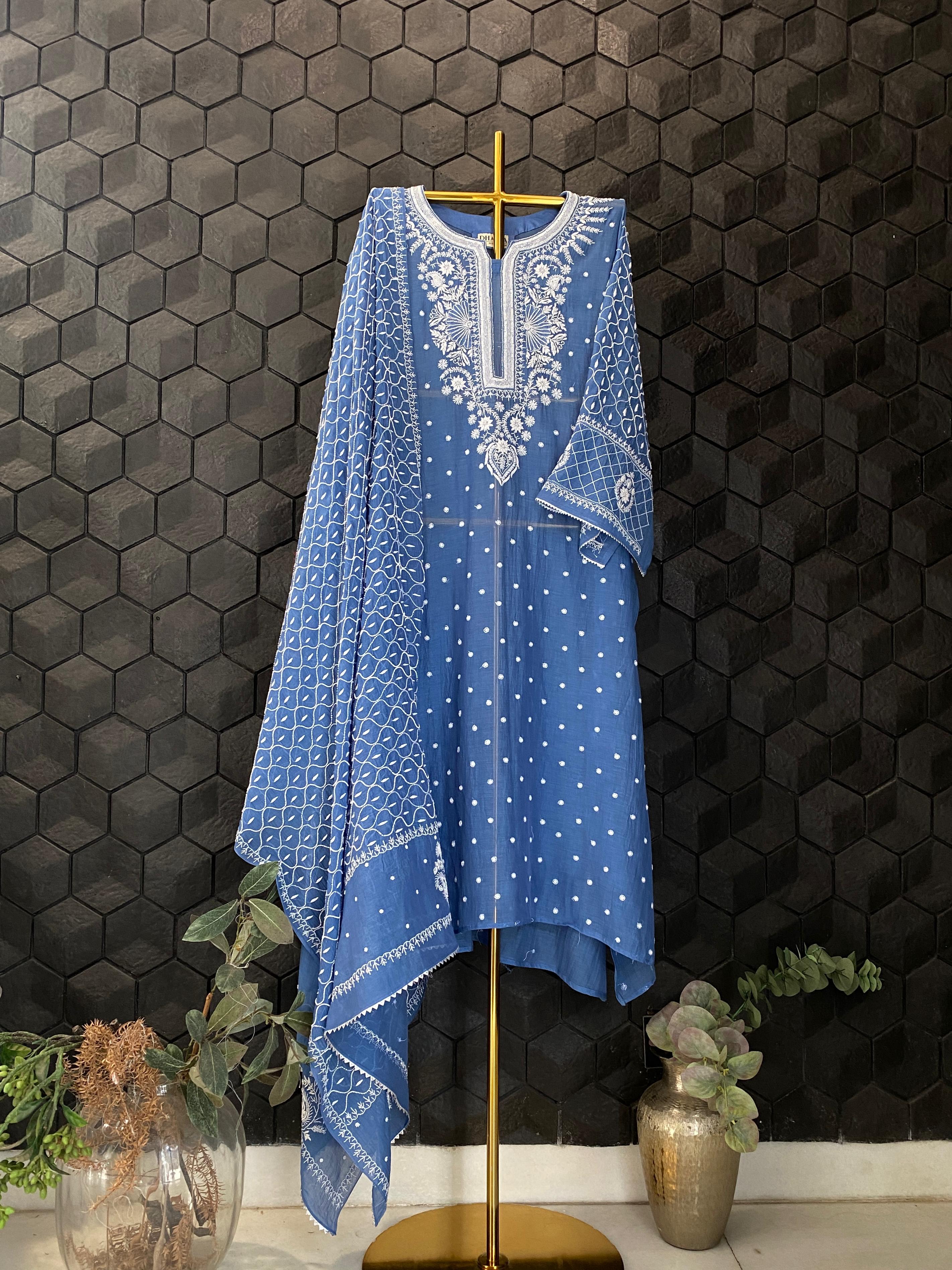 Cobalt blue mul chanderi chikankari kurta set