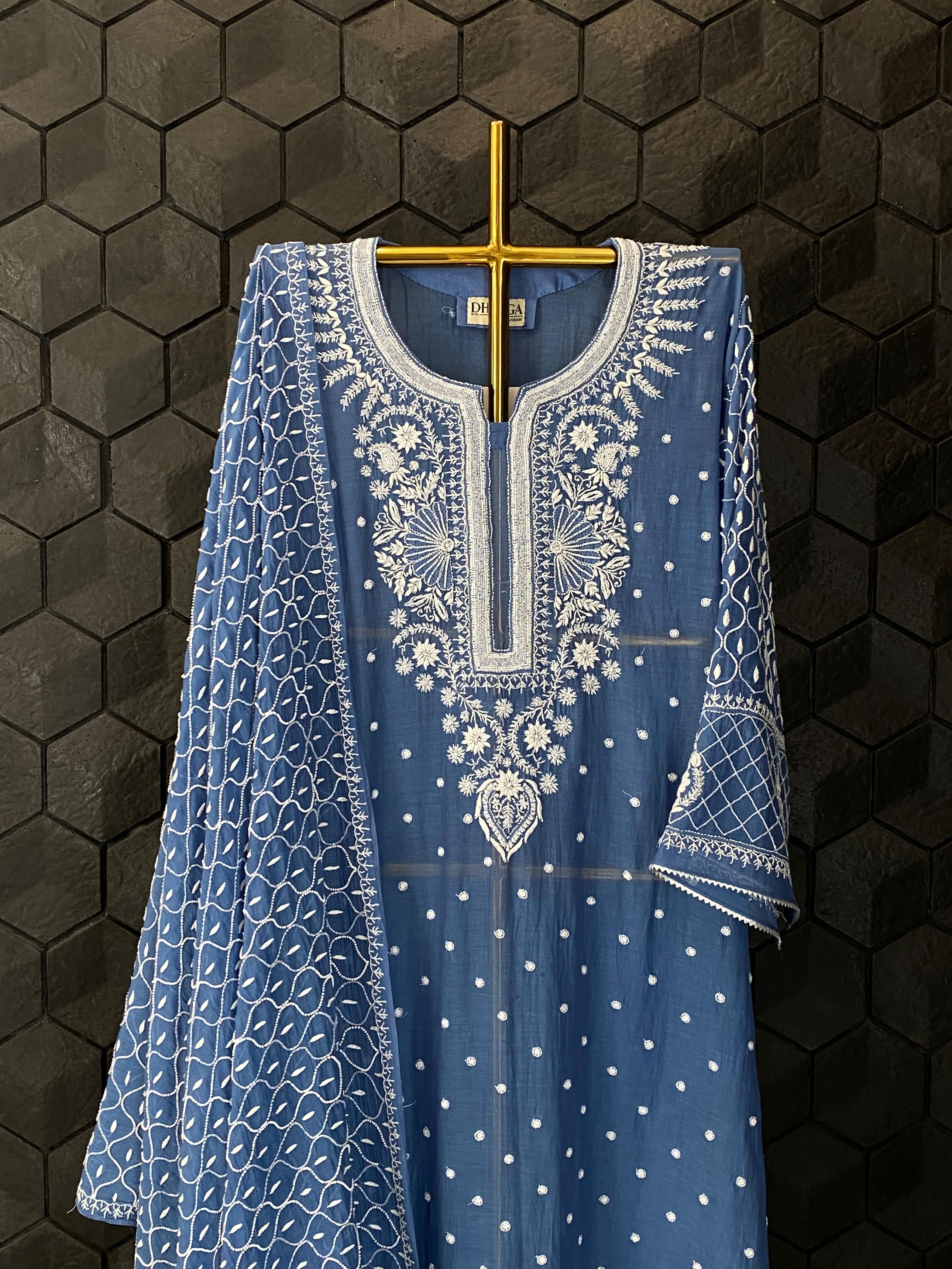 Cobalt blue mul chanderi chikankari kurta set
