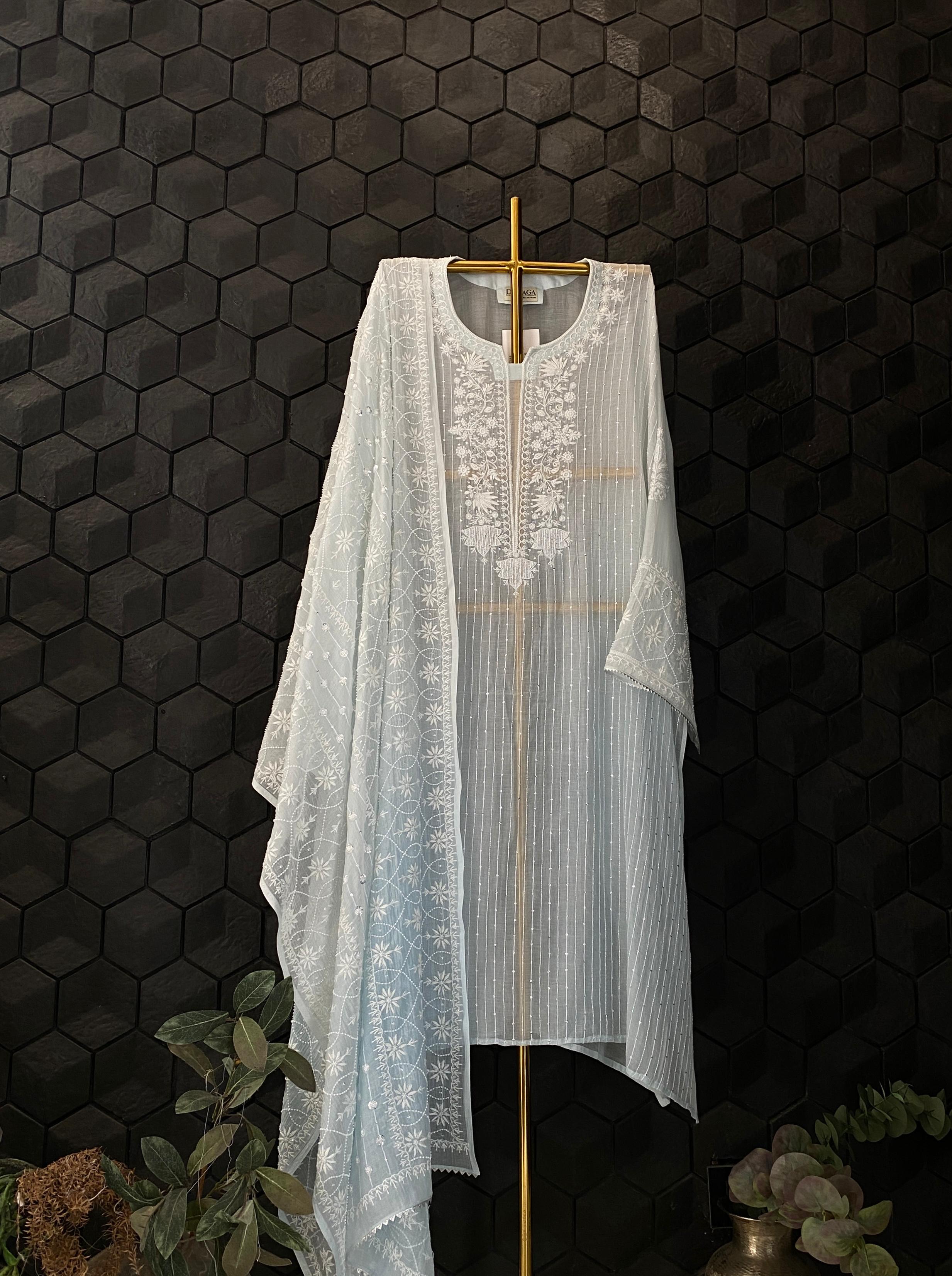 Sky blue mul chanderi chikankari kurta set