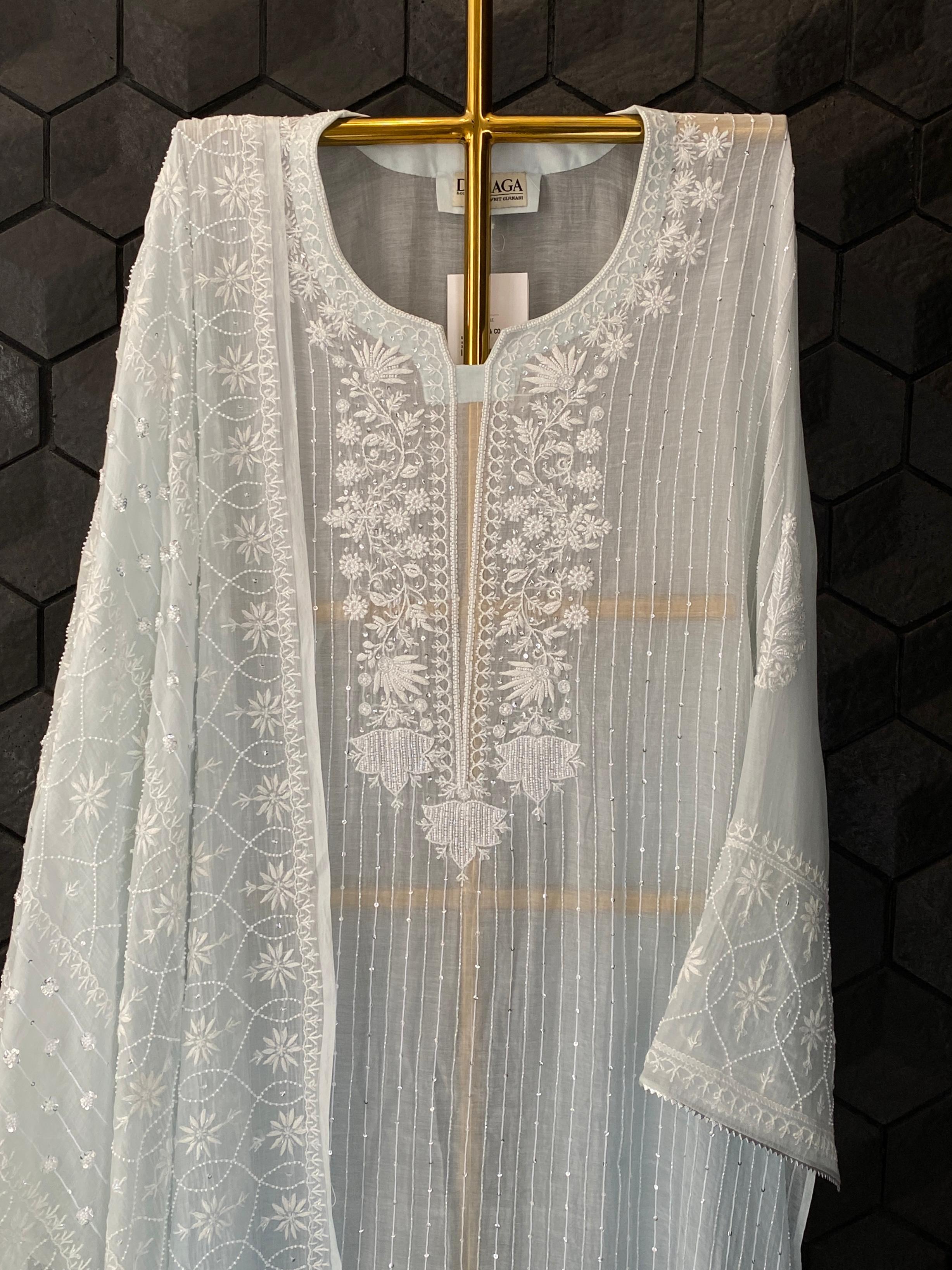 Sky blue mul chanderi chikankari kurta set