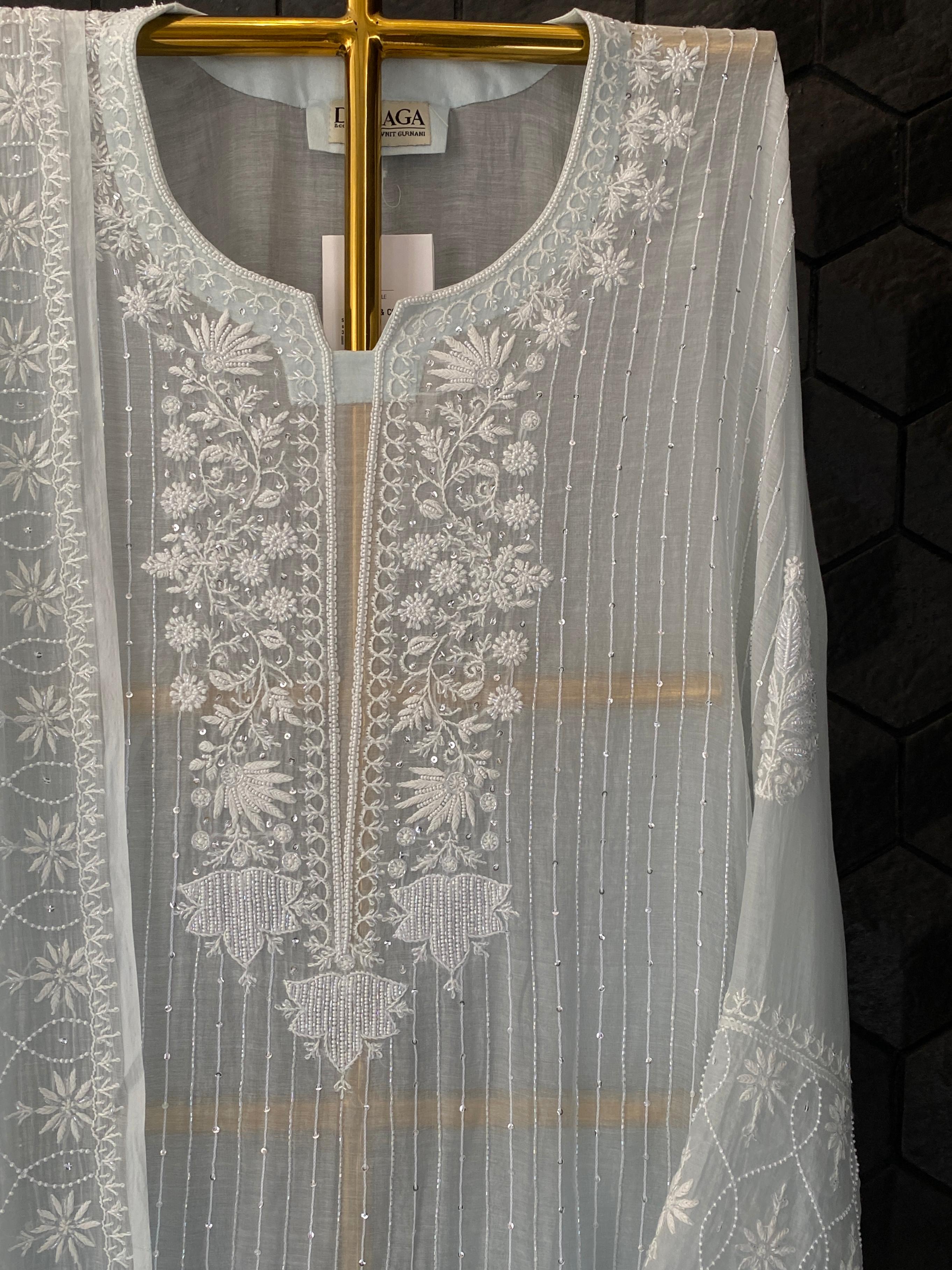 Sky blue mul chanderi chikankari kurta set