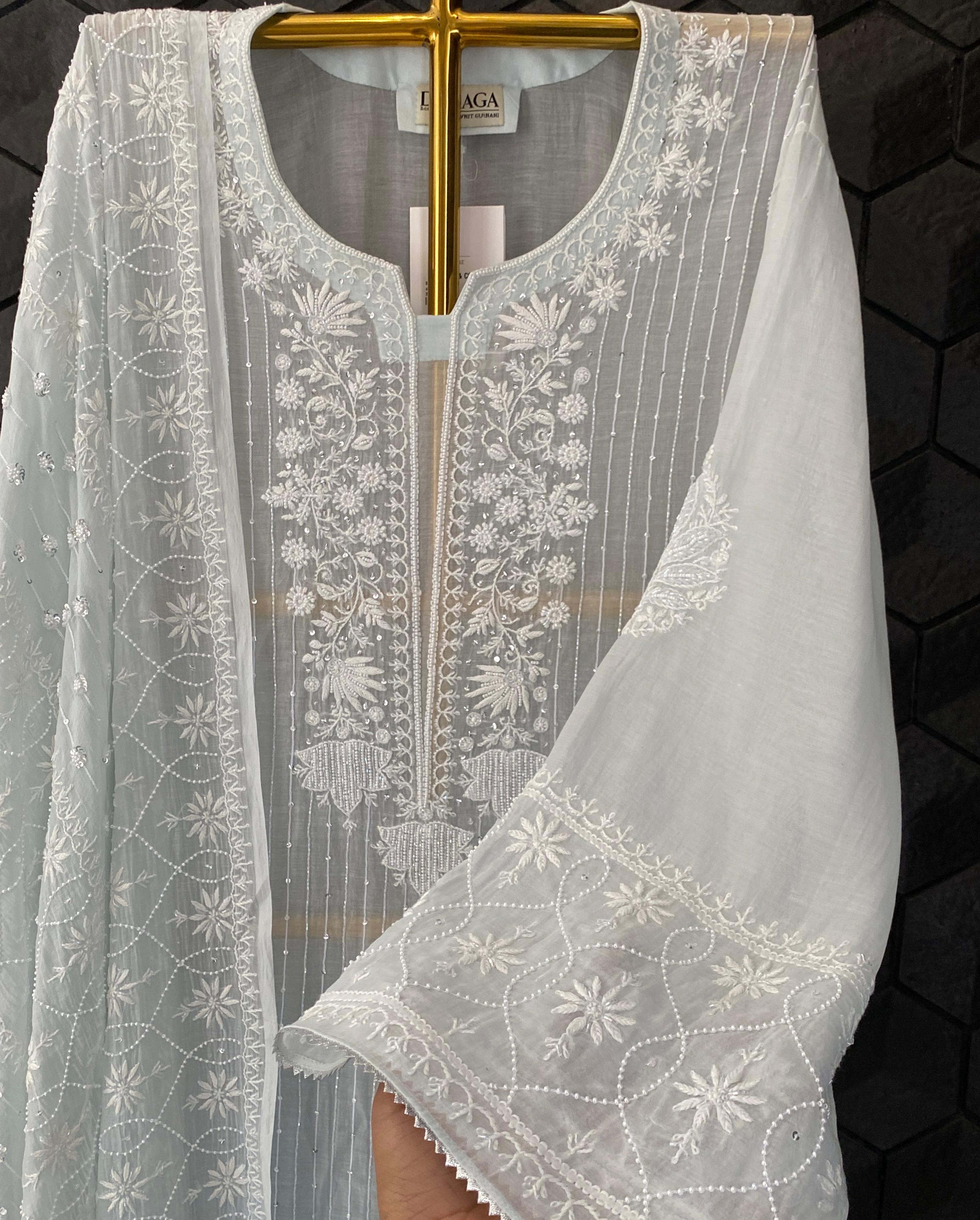 Sky blue mul chanderi chikankari kurta set