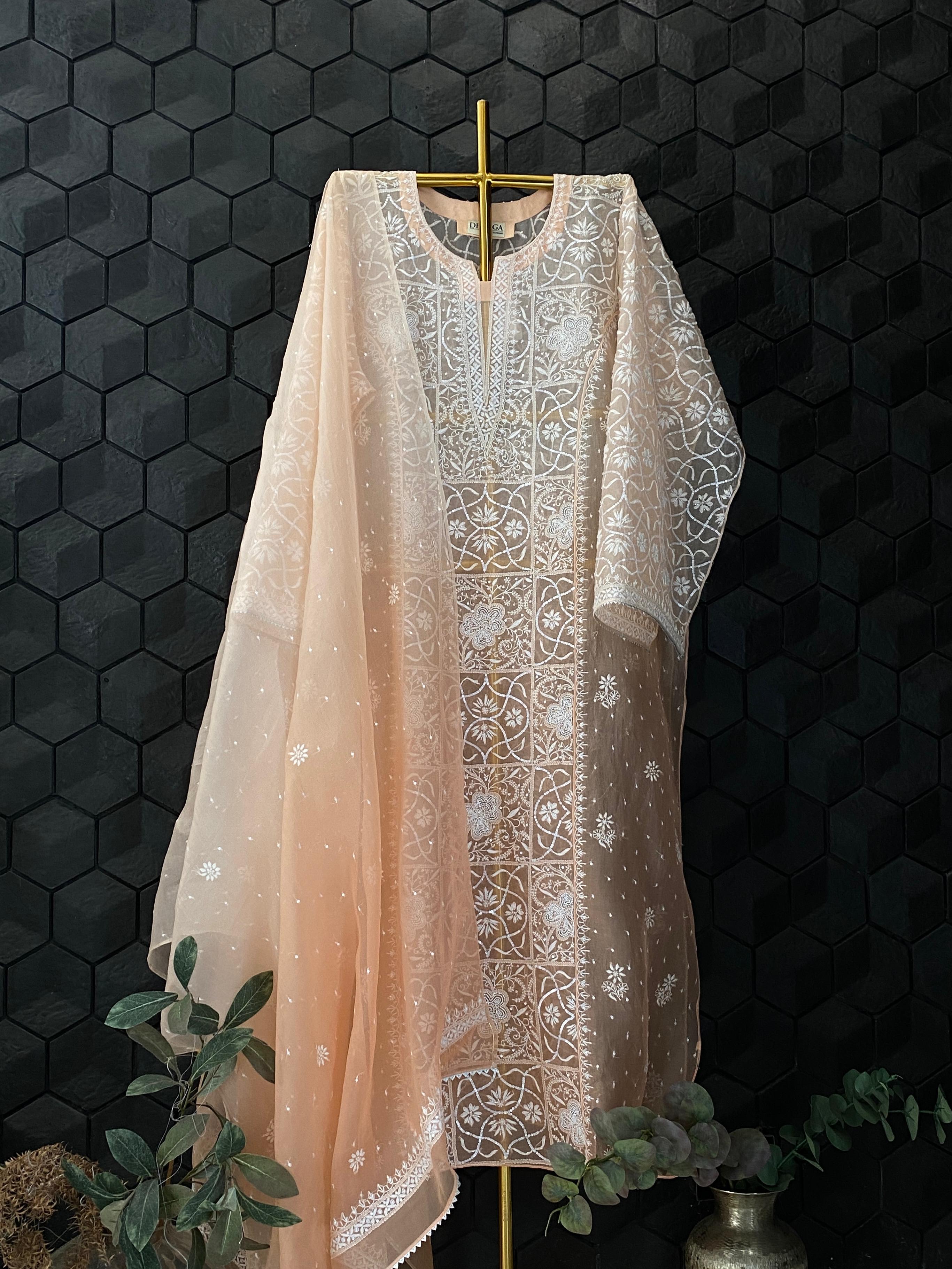 Peach organza chikankari Kurta set