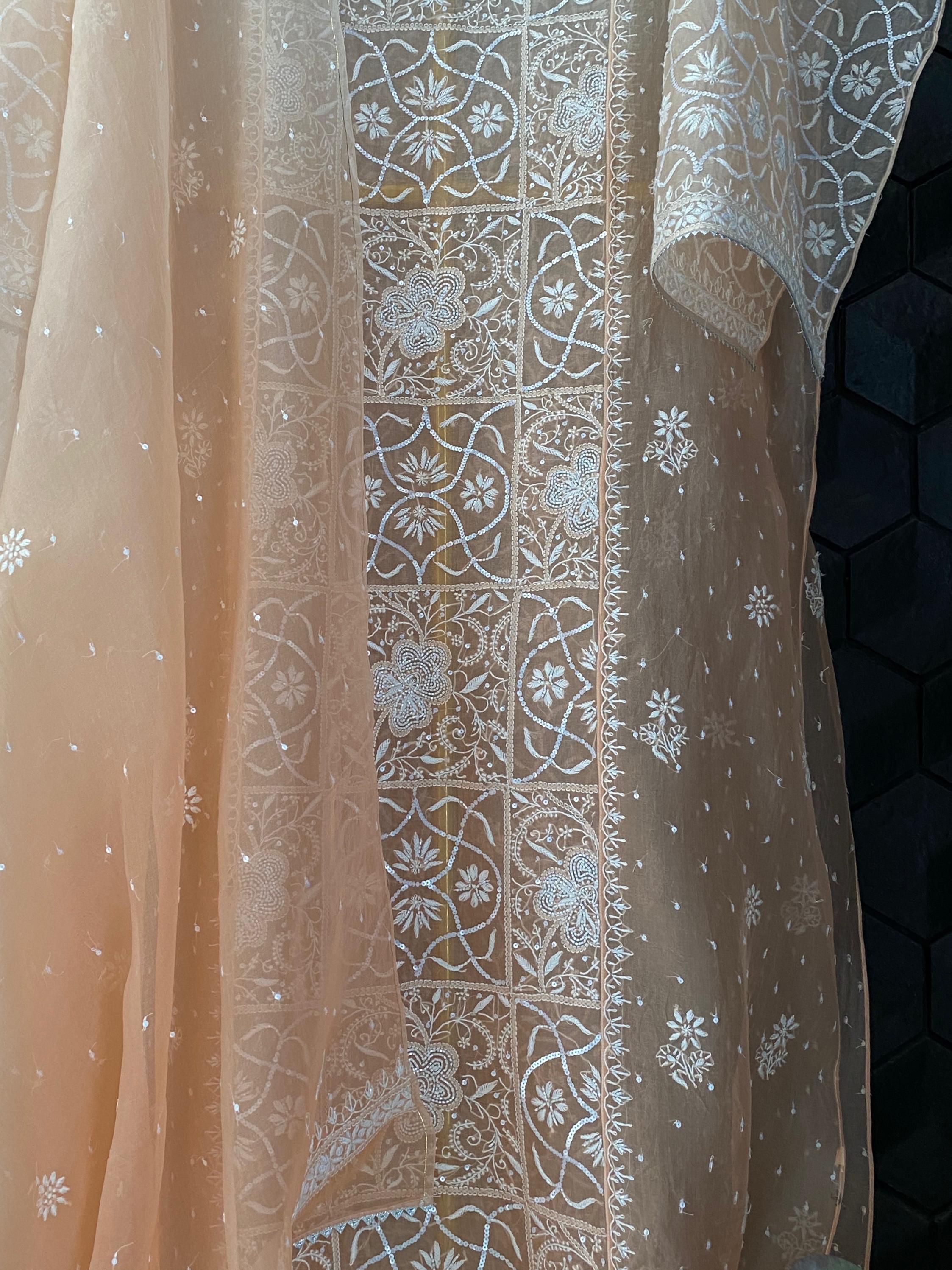 Peach organza chikankari Kurta set