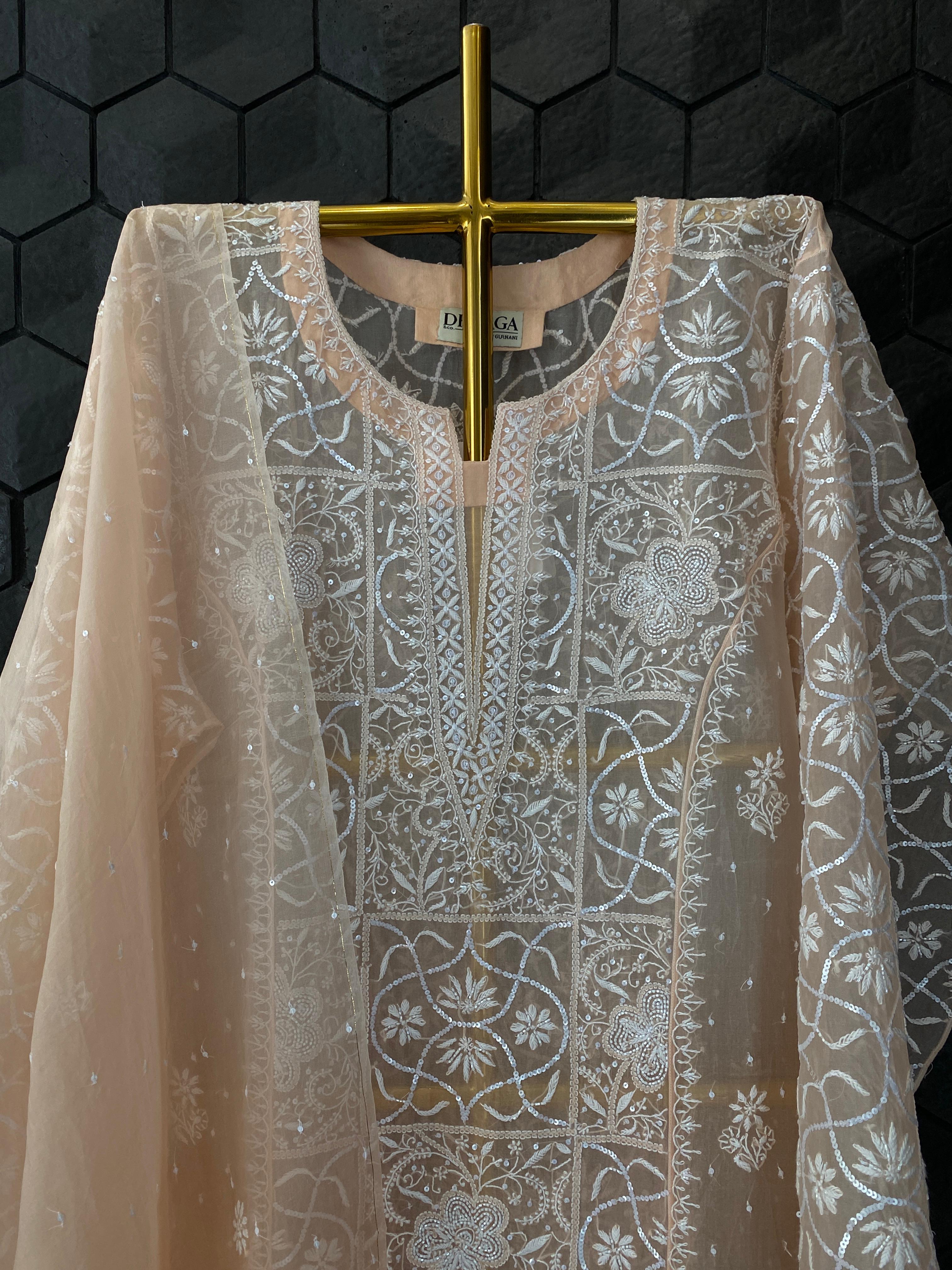 Peach organza chikankari Kurta set