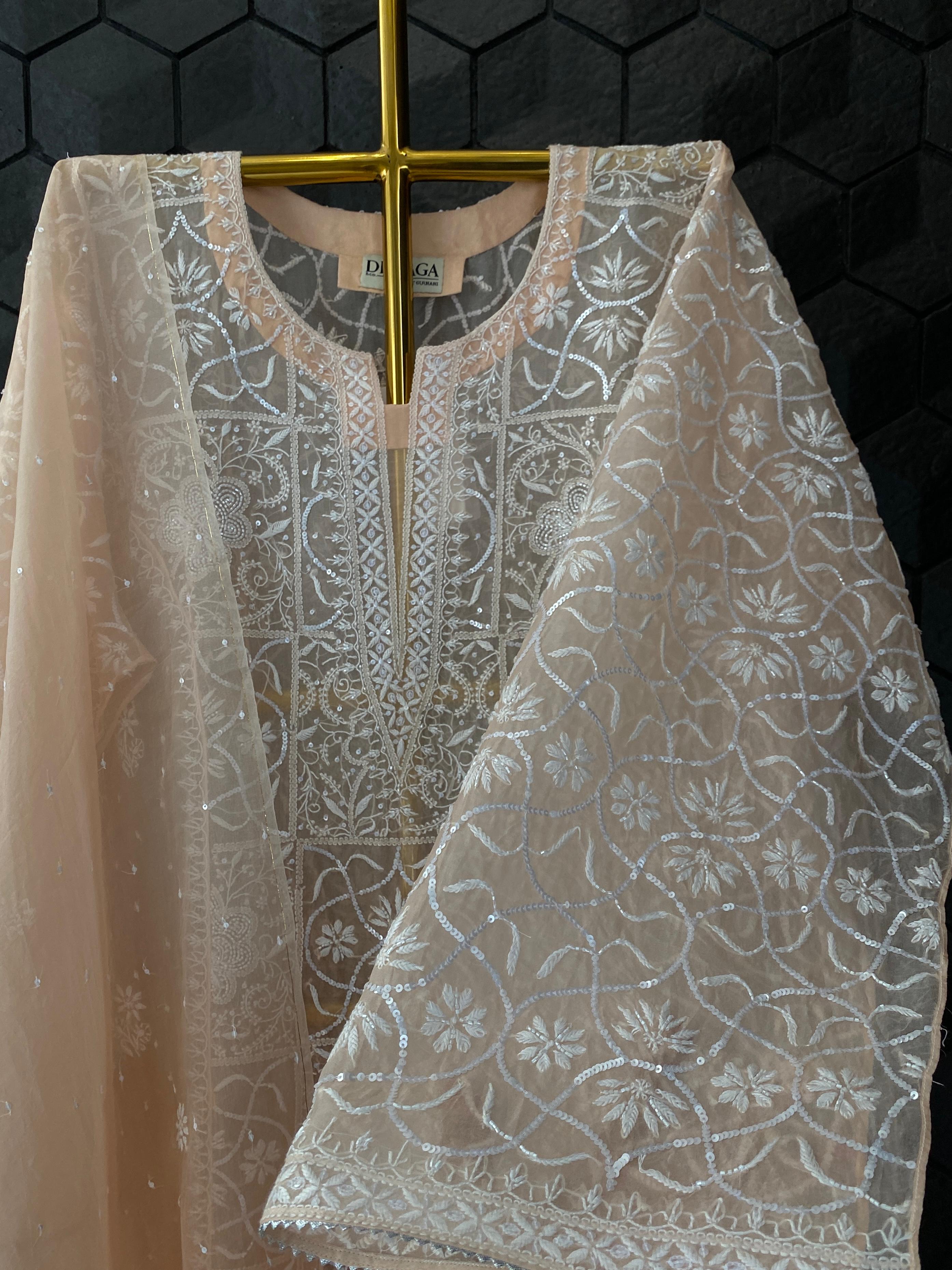 Peach organza chikankari Kurta set