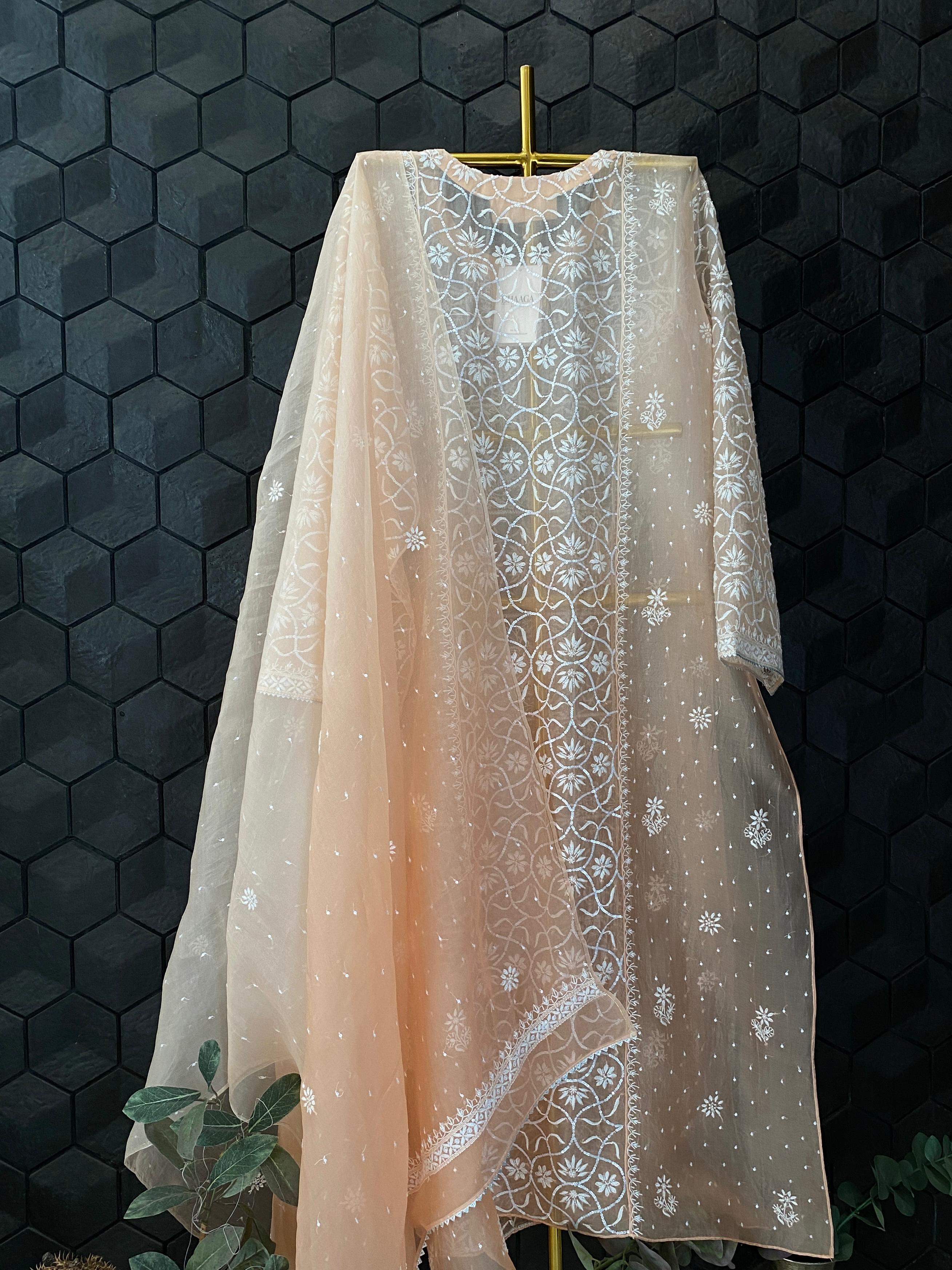 Peach organza chikankari Kurta set