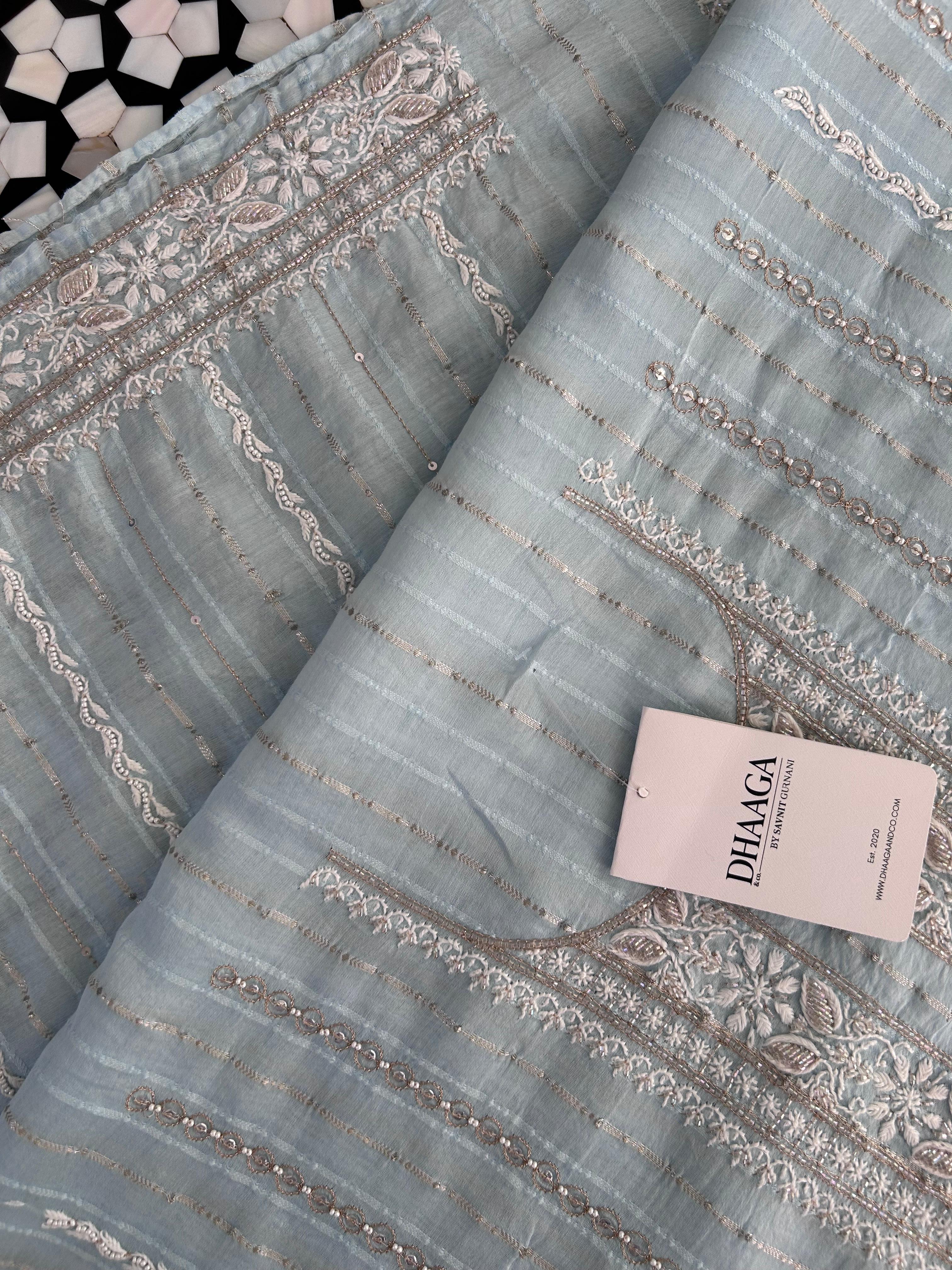 Sky Blue mul chanderi chikankari men kurta