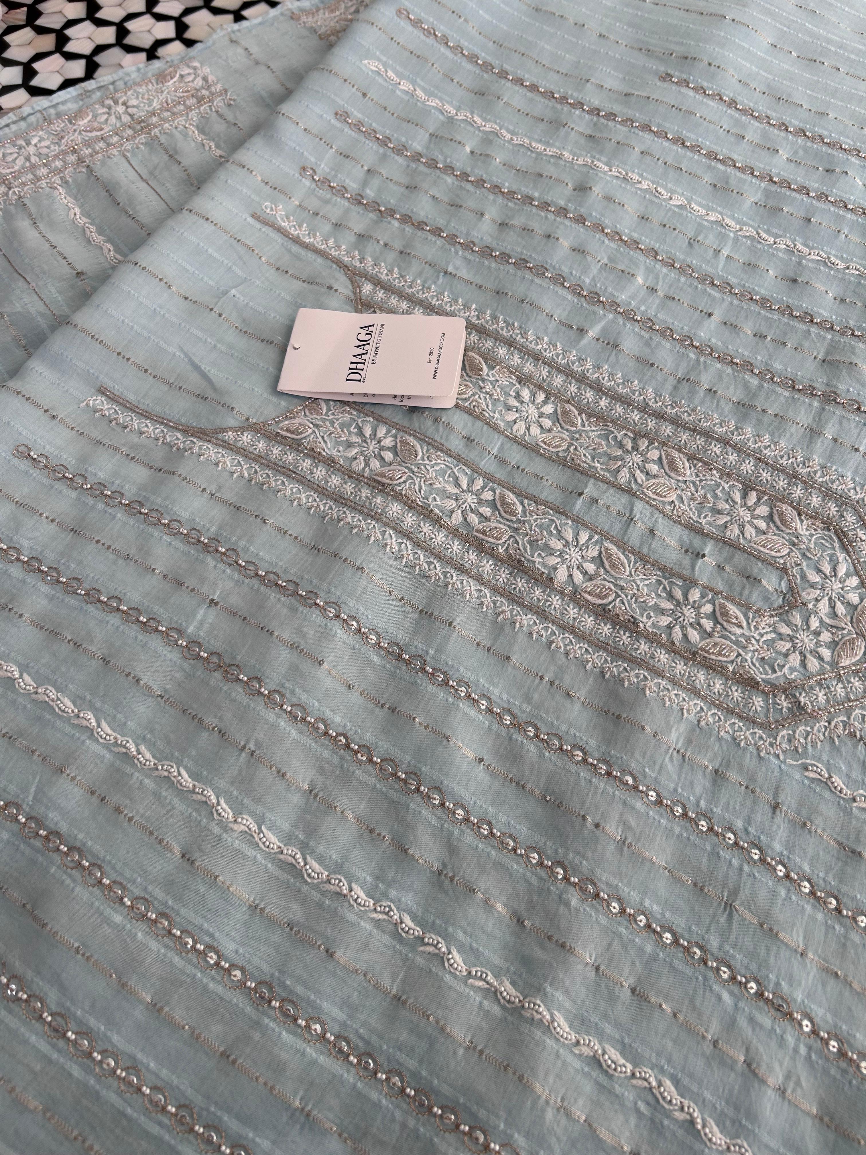 Sky Blue mul chanderi chikankari men kurta