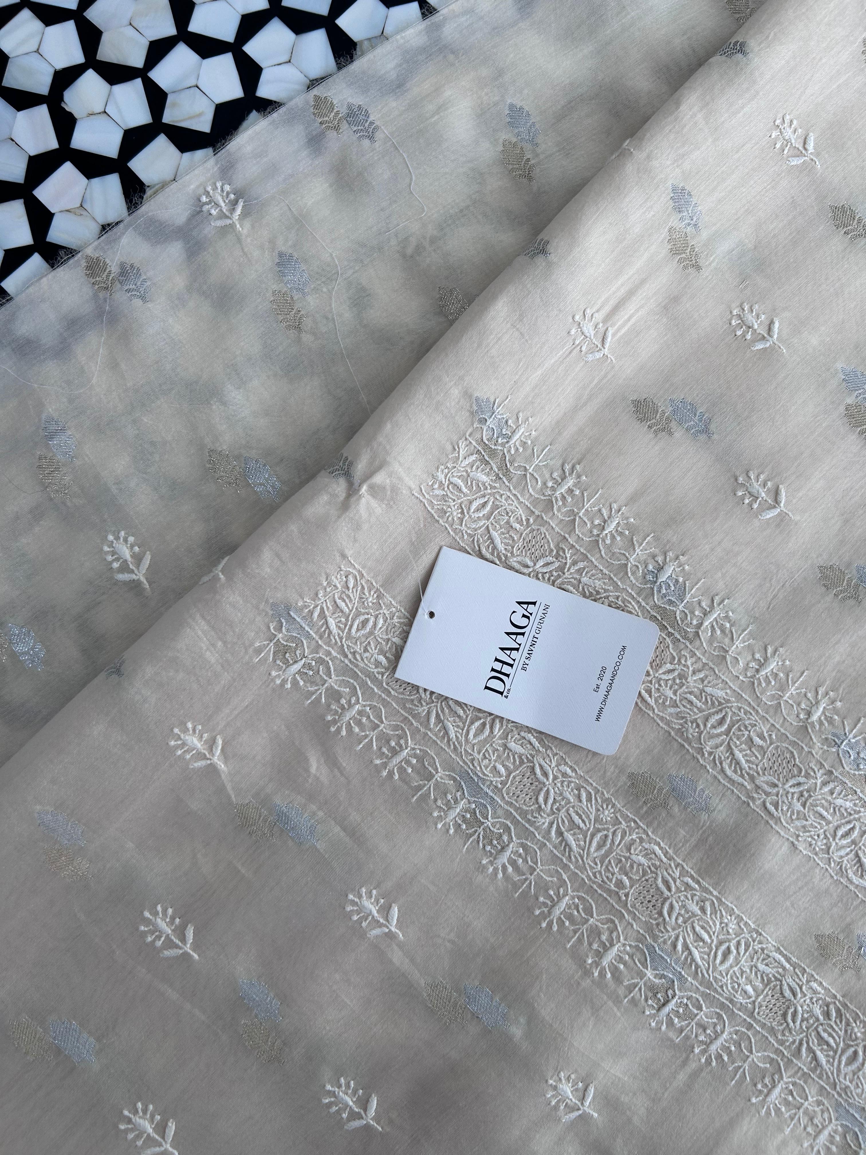 Beige mul chanderi chikankari men kurta