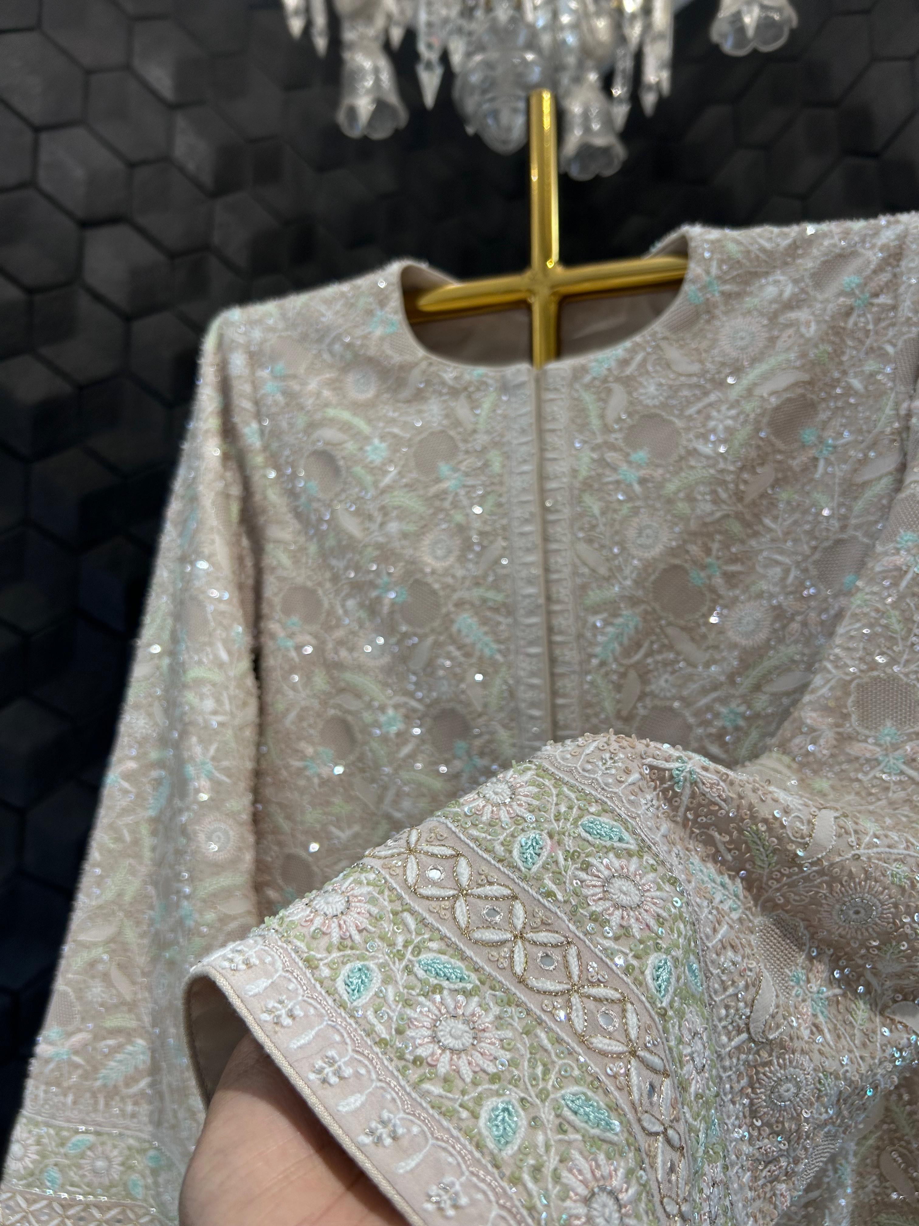 Beige georgette chikankari gilet-set with statement multi colour thread work