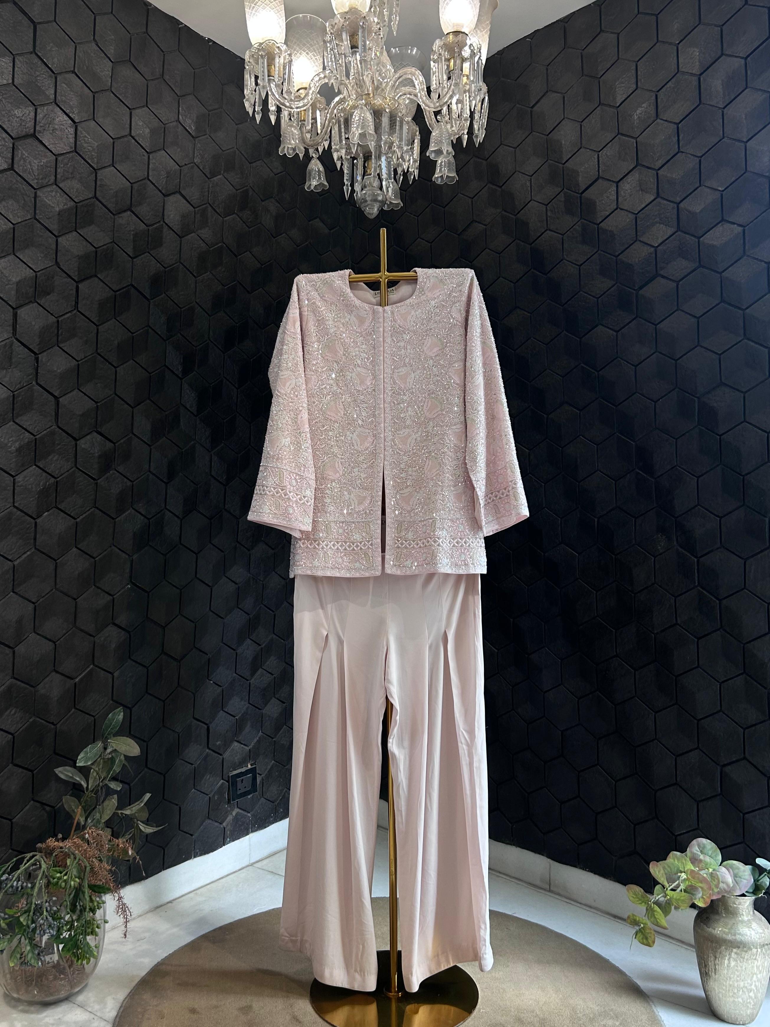 Peach georgette chikankari gilet-set
