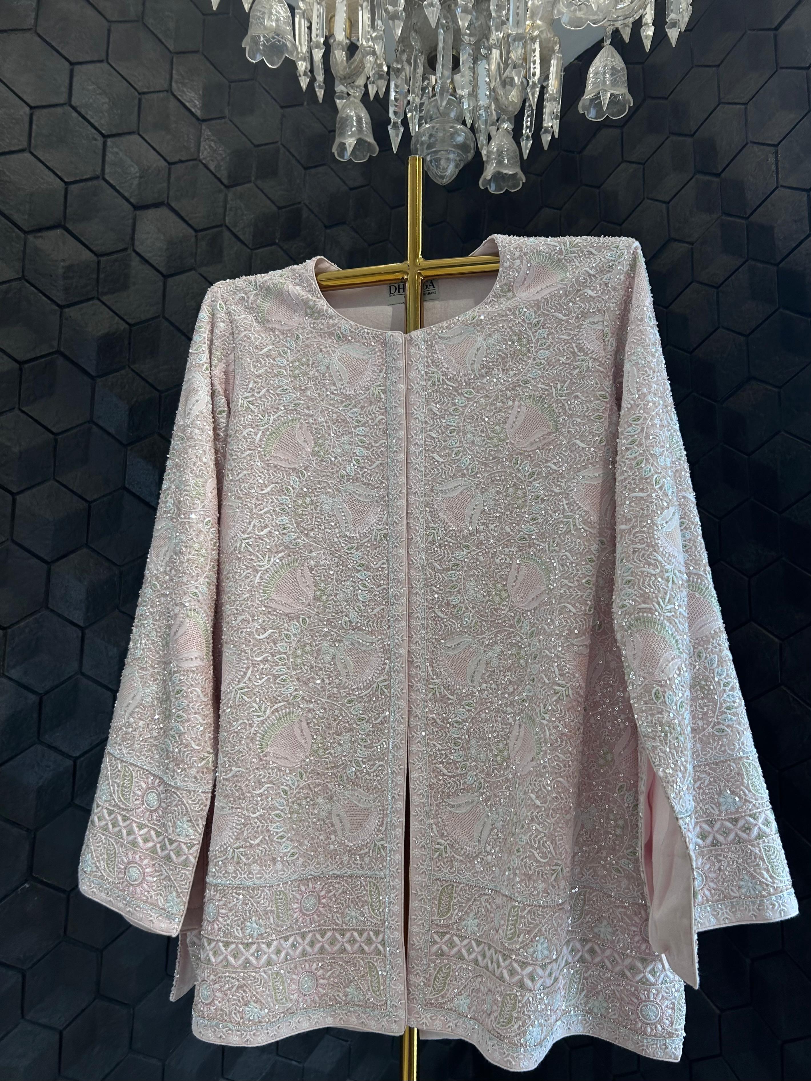 Peach georgette chikankari gilet-set