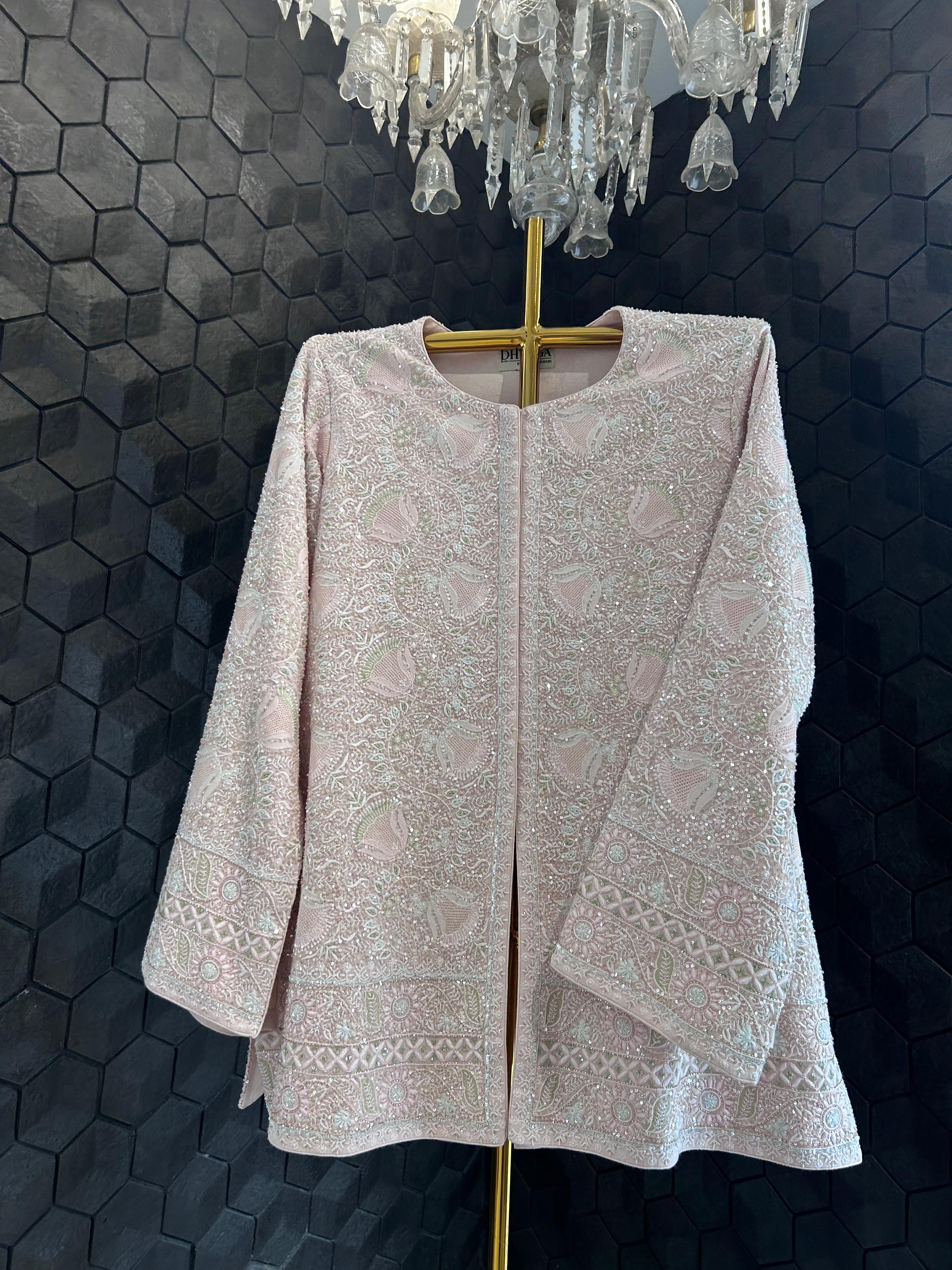 Peach georgette chikankari gilet-set