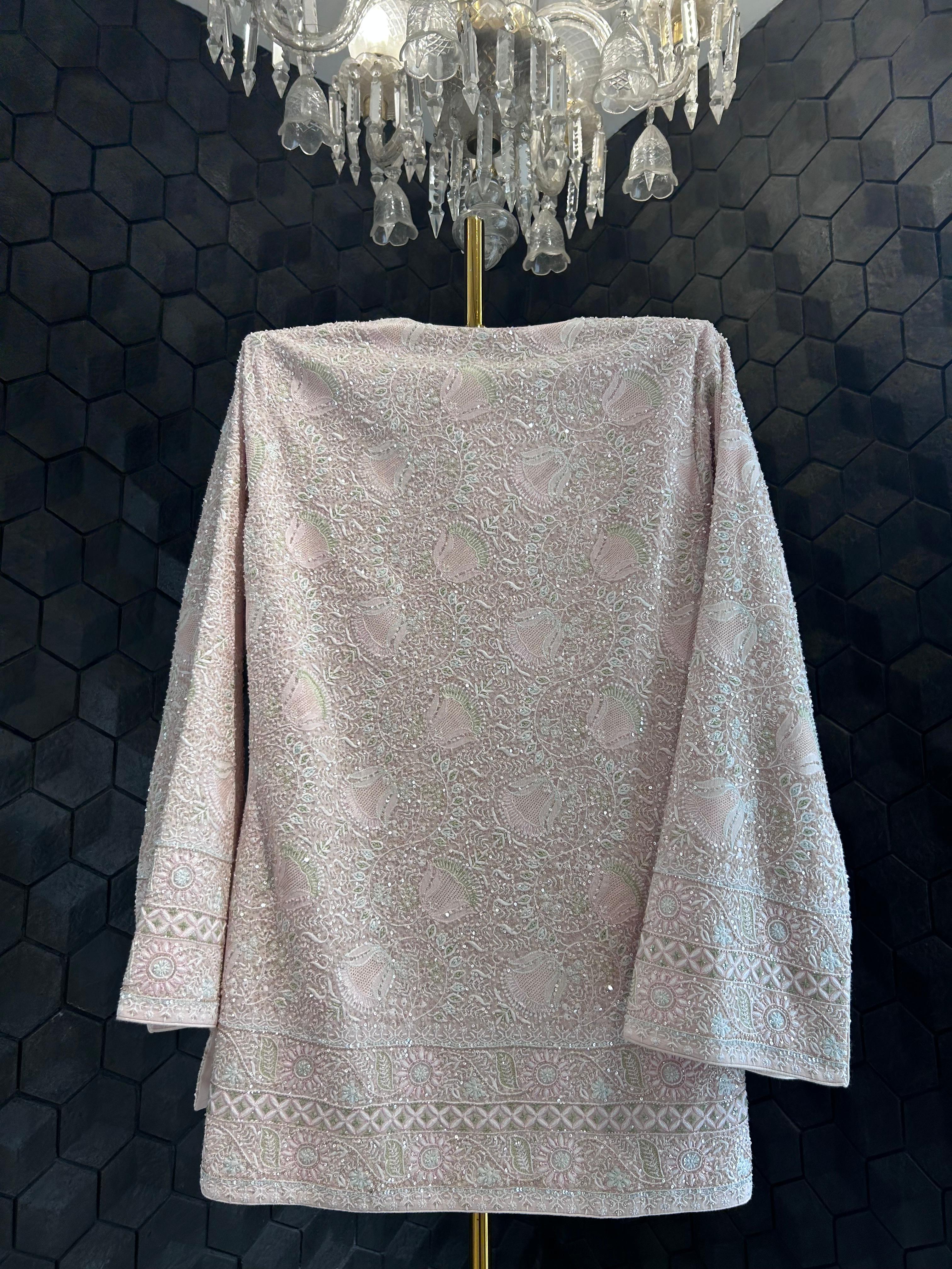 Peach georgette chikankari gilet-set