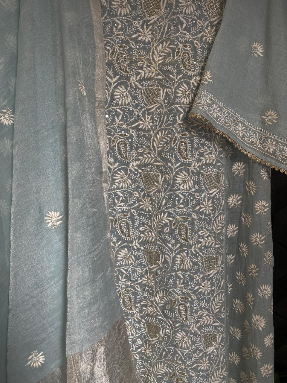 Blue Silver Tissue Chikankari Kurta Set