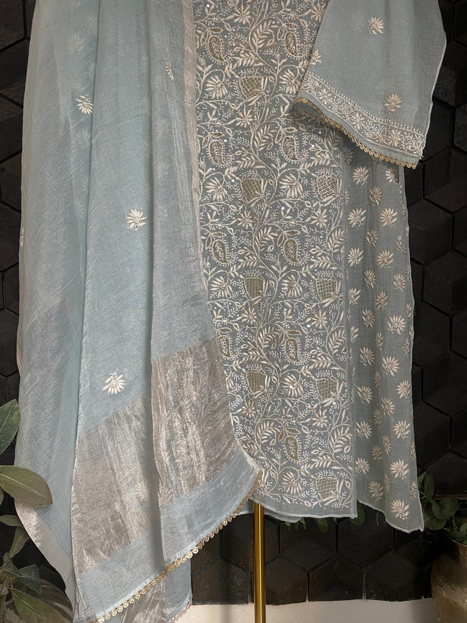 Blue Silver Tissue Chikankari Kurta Set