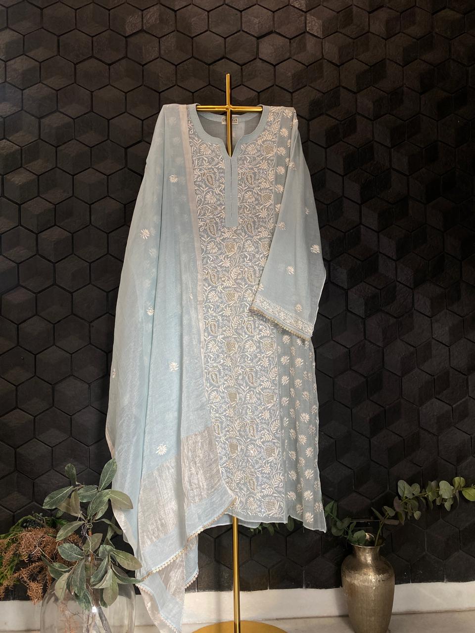 Blue Silver Tissue Chikankari Kurta Set