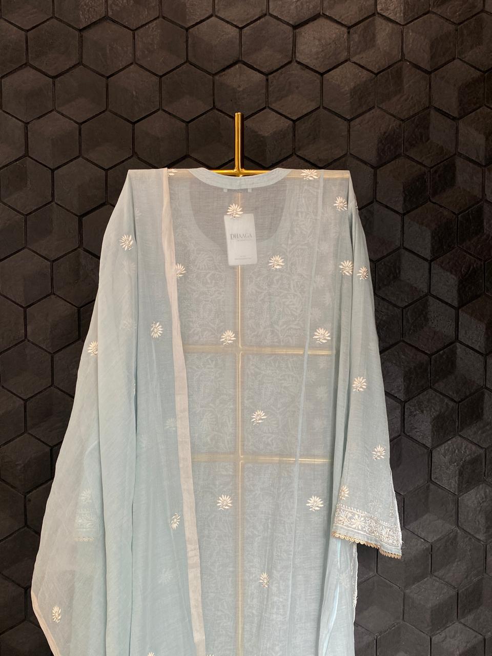 Blue Silver Tissue Chikankari Kurta Set