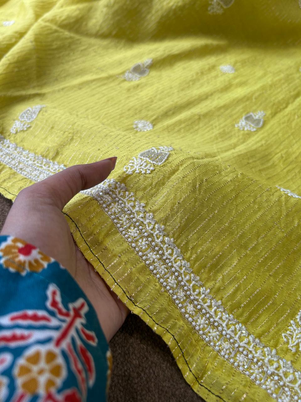 Lime Green Chanderi Chikankari Striped Mens kurta
