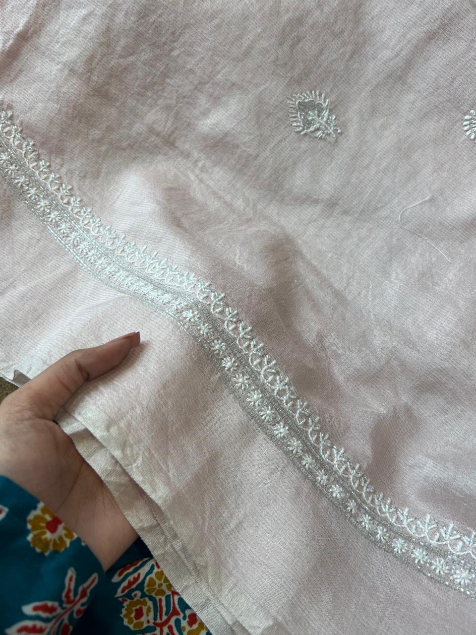 Pink Silver Tissue Chikankari Mens Kurta