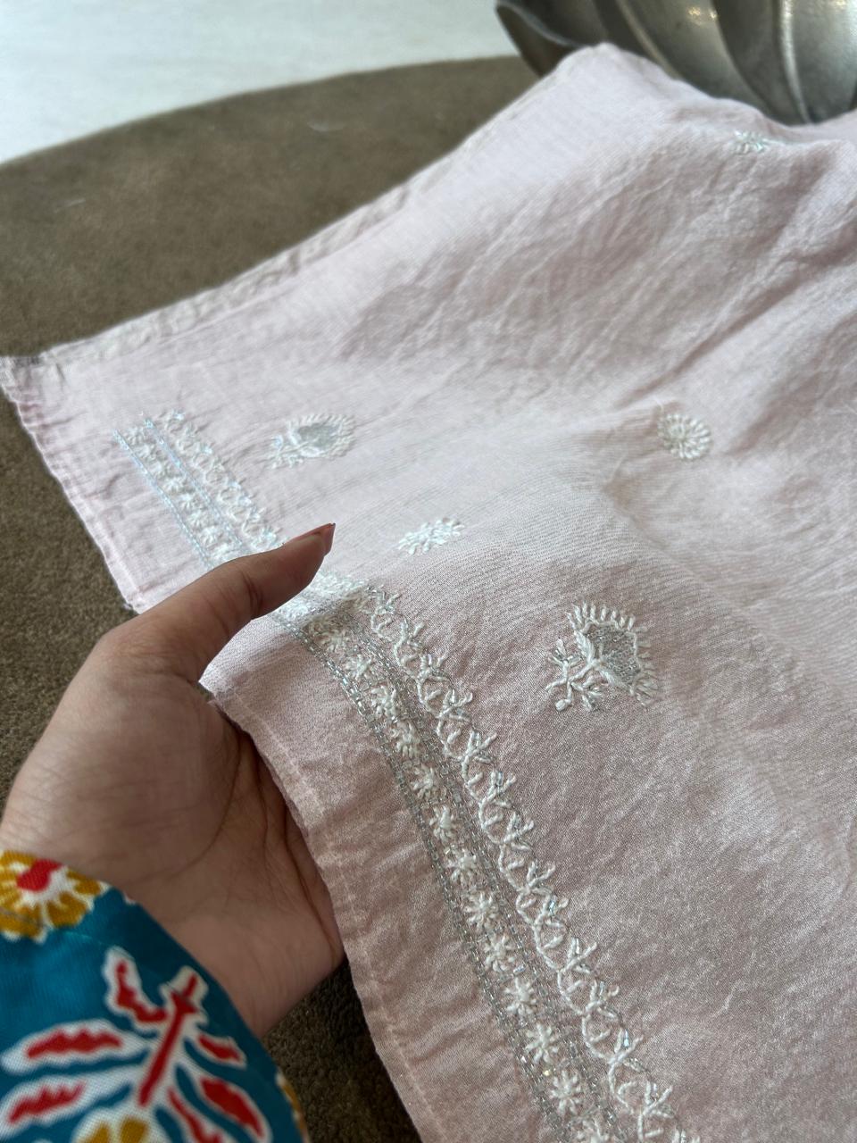 Pink Silver Tissue Chikankari Mens Kurta