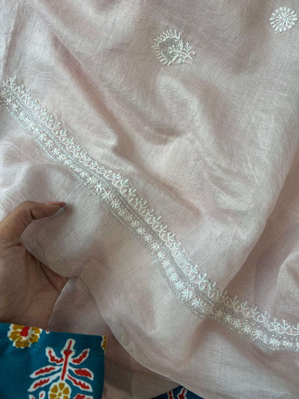 Pink Silver Tissue Chikankari Mens Kurta