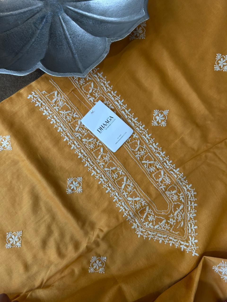 Mustard chanderi chikankari men kurta