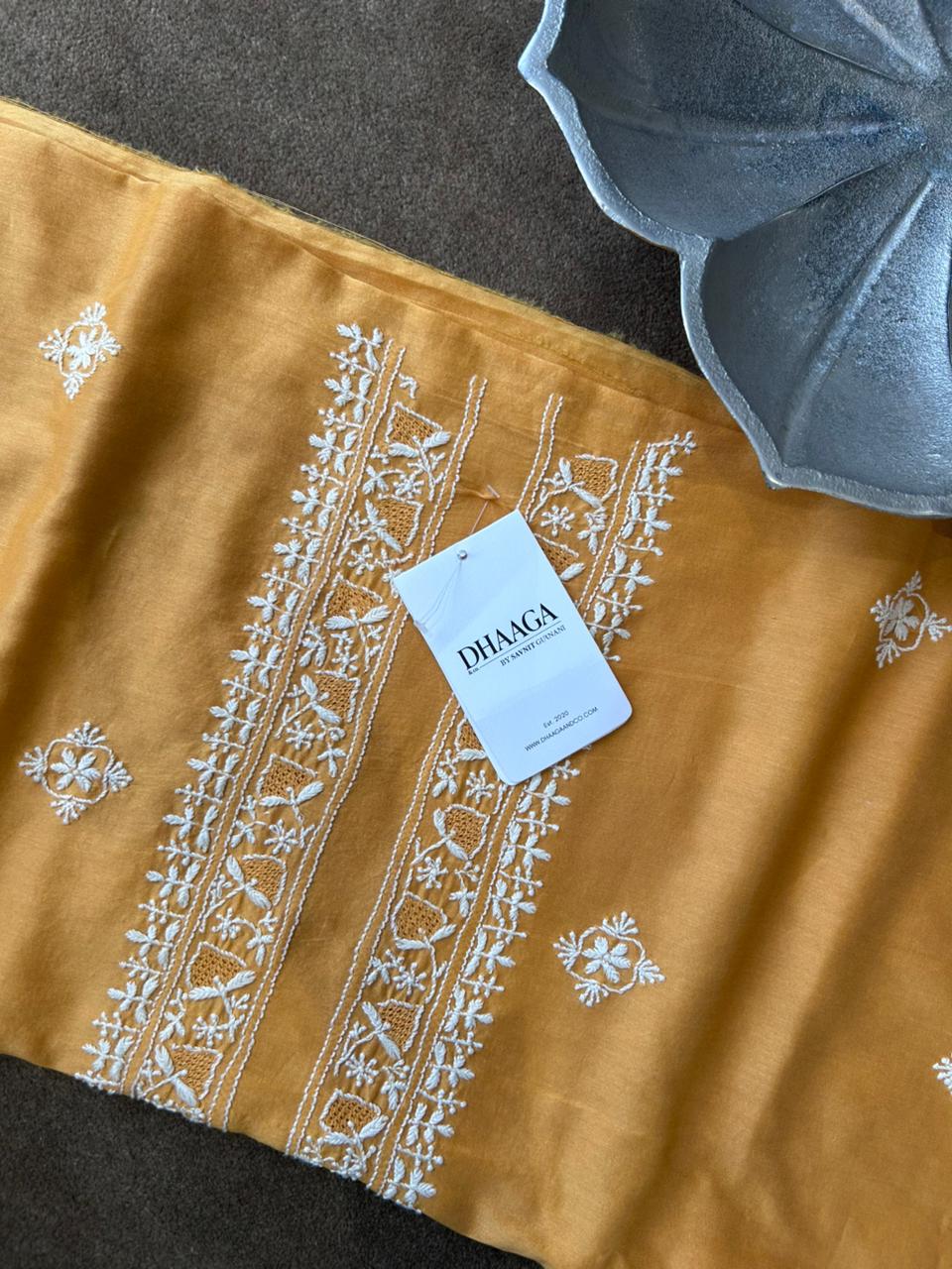 Mustard chanderi chikankari men kurta