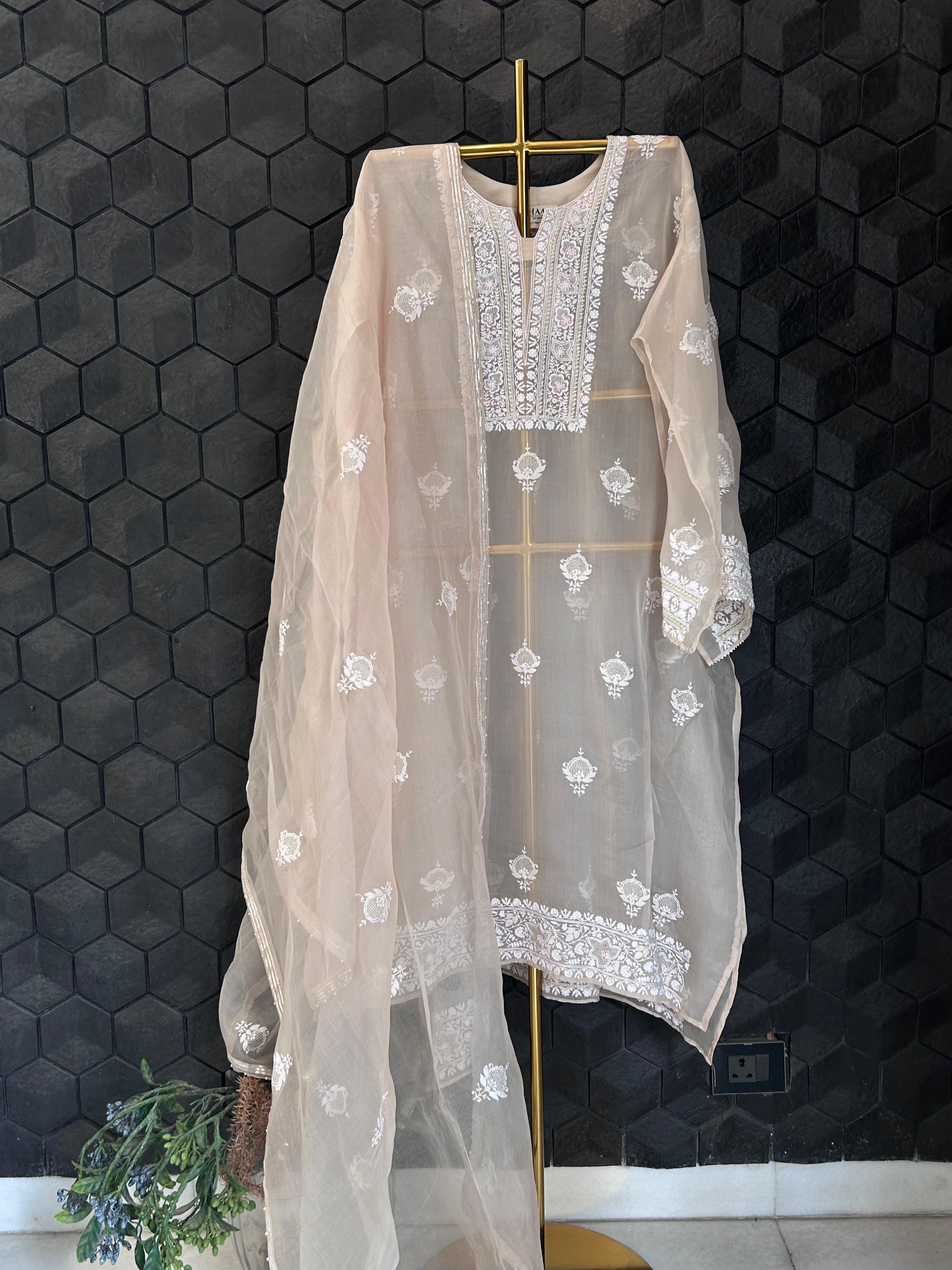 Brown ombre organza chikankari kurta set