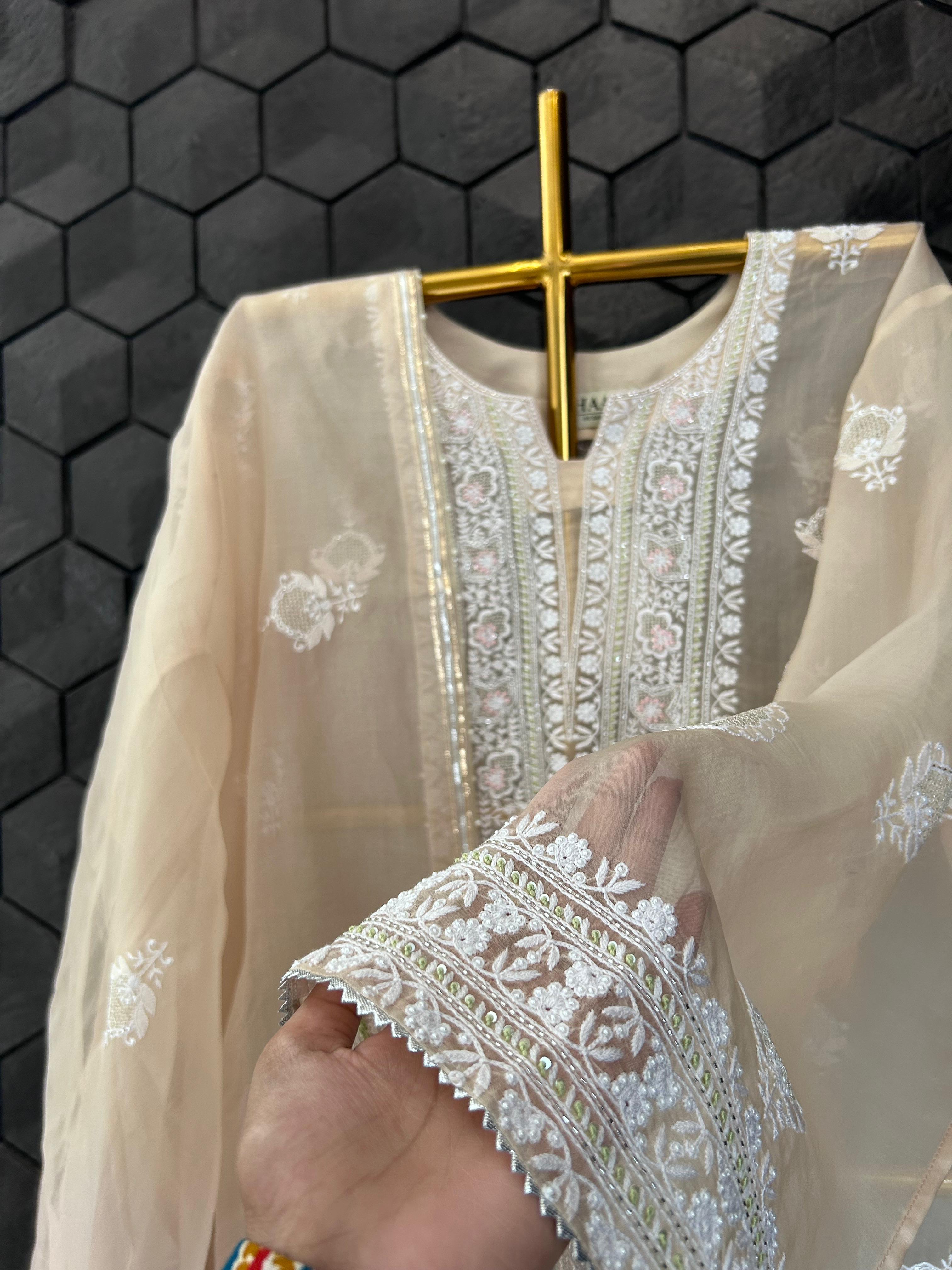 Brown ombre organza chikankari kurta set