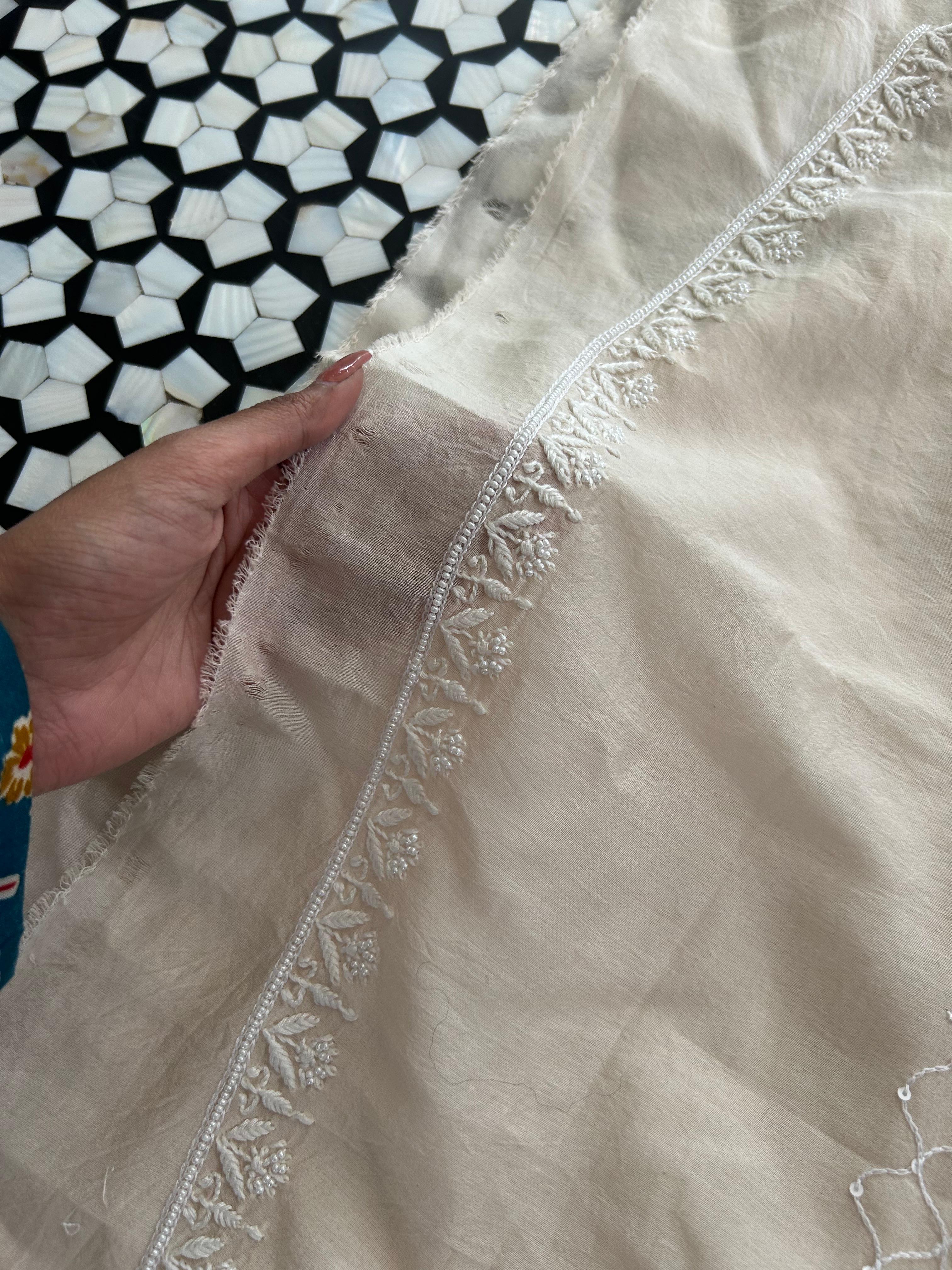 Ivory chanderi chikankari men kurta