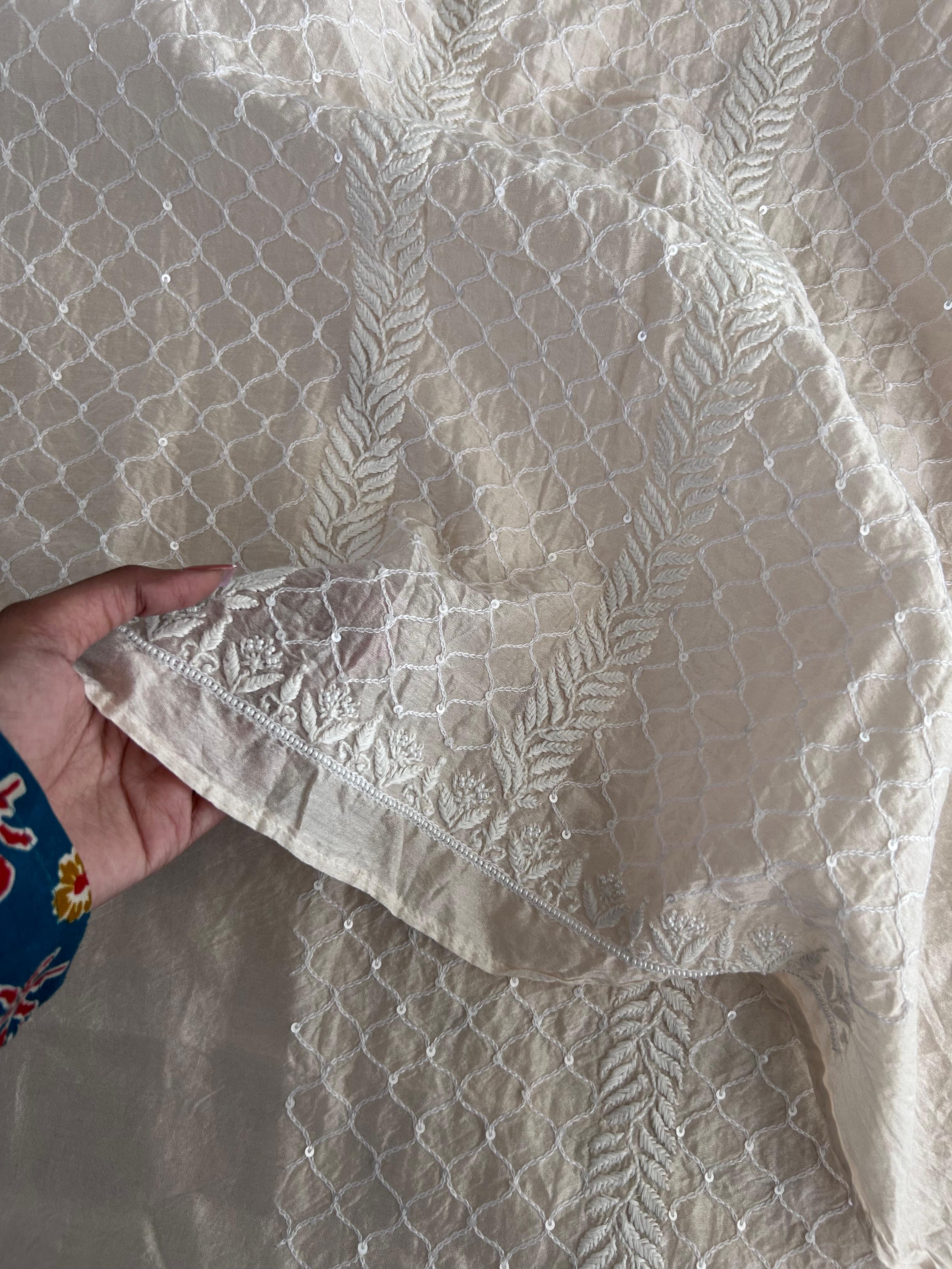 Ivory chanderi chikankari men kurta