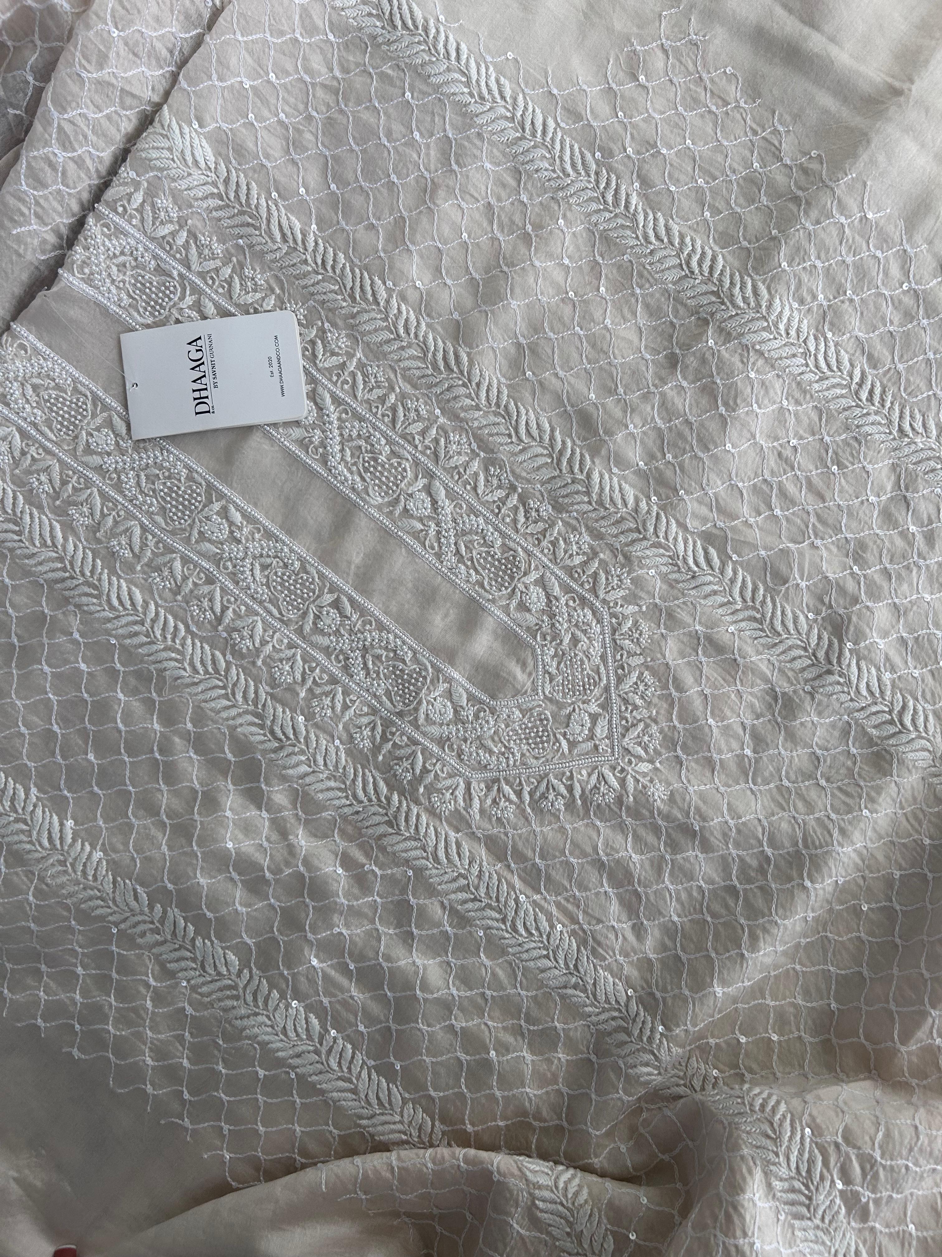 Ivory chanderi chikankari men kurta
