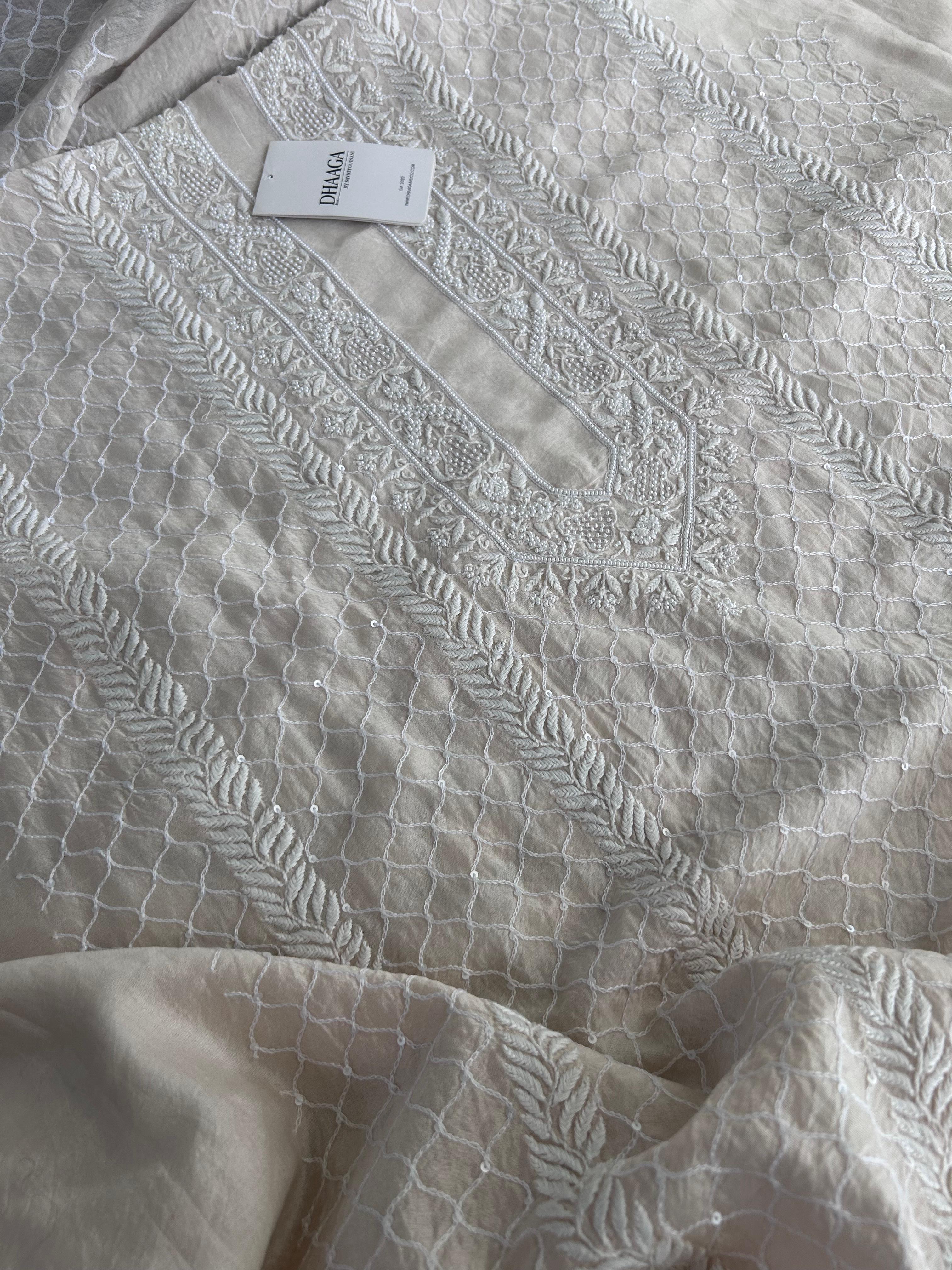Ivory chanderi chikankari men kurta