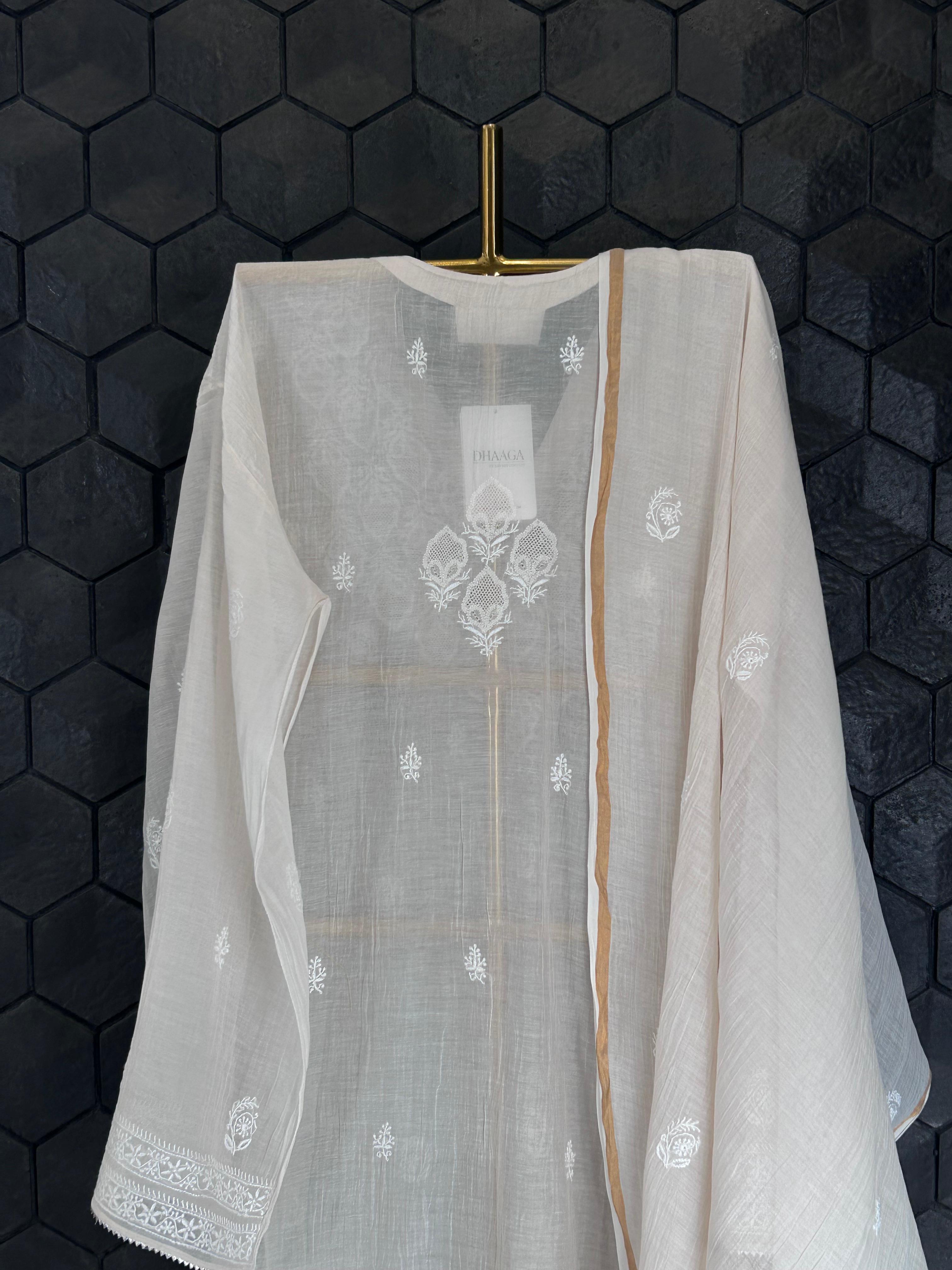 White Mul Chanderi Chikankari Kurta Set