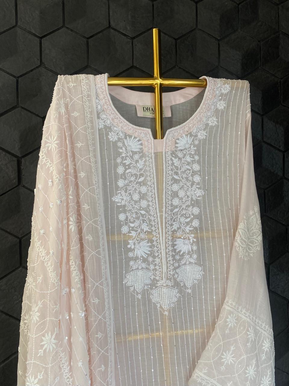 Pink Mul Chanderi Chikankari Kurta Set