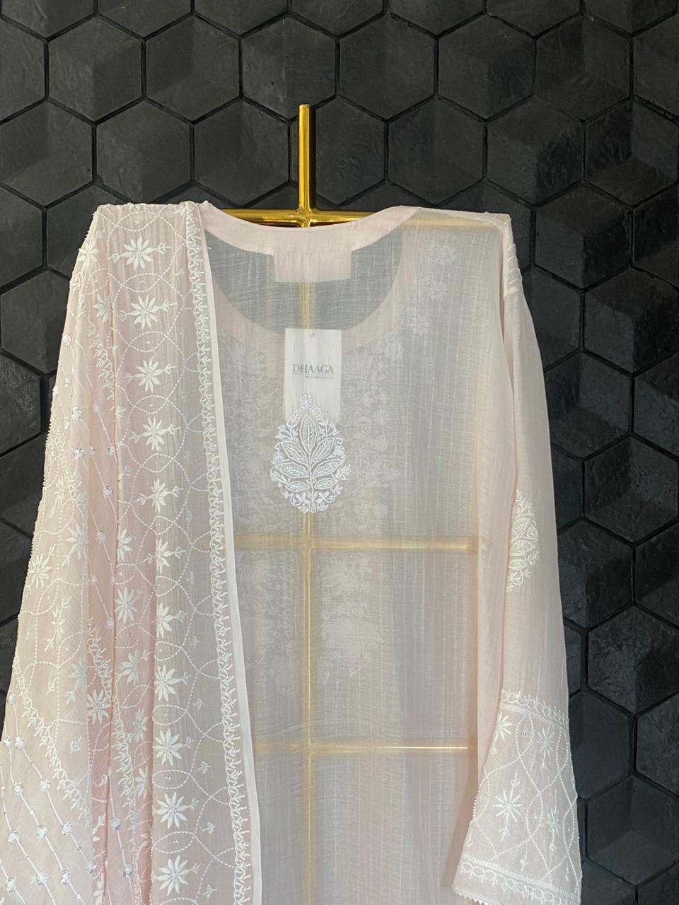 Pink Mul Chanderi Chikankari Kurta Set