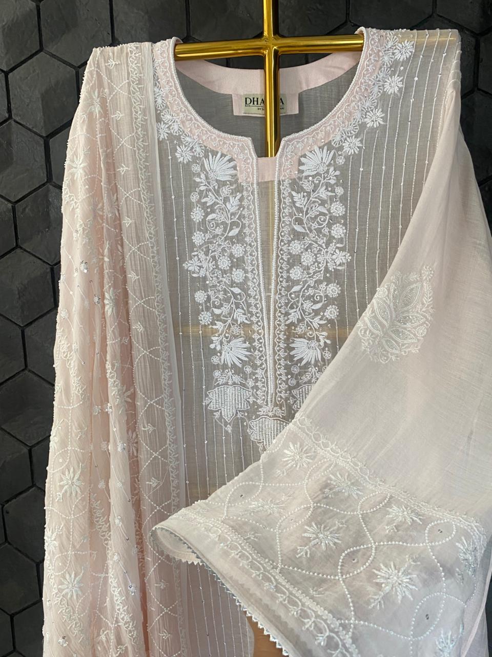 Pink Mul Chanderi Chikankari Kurta Set
