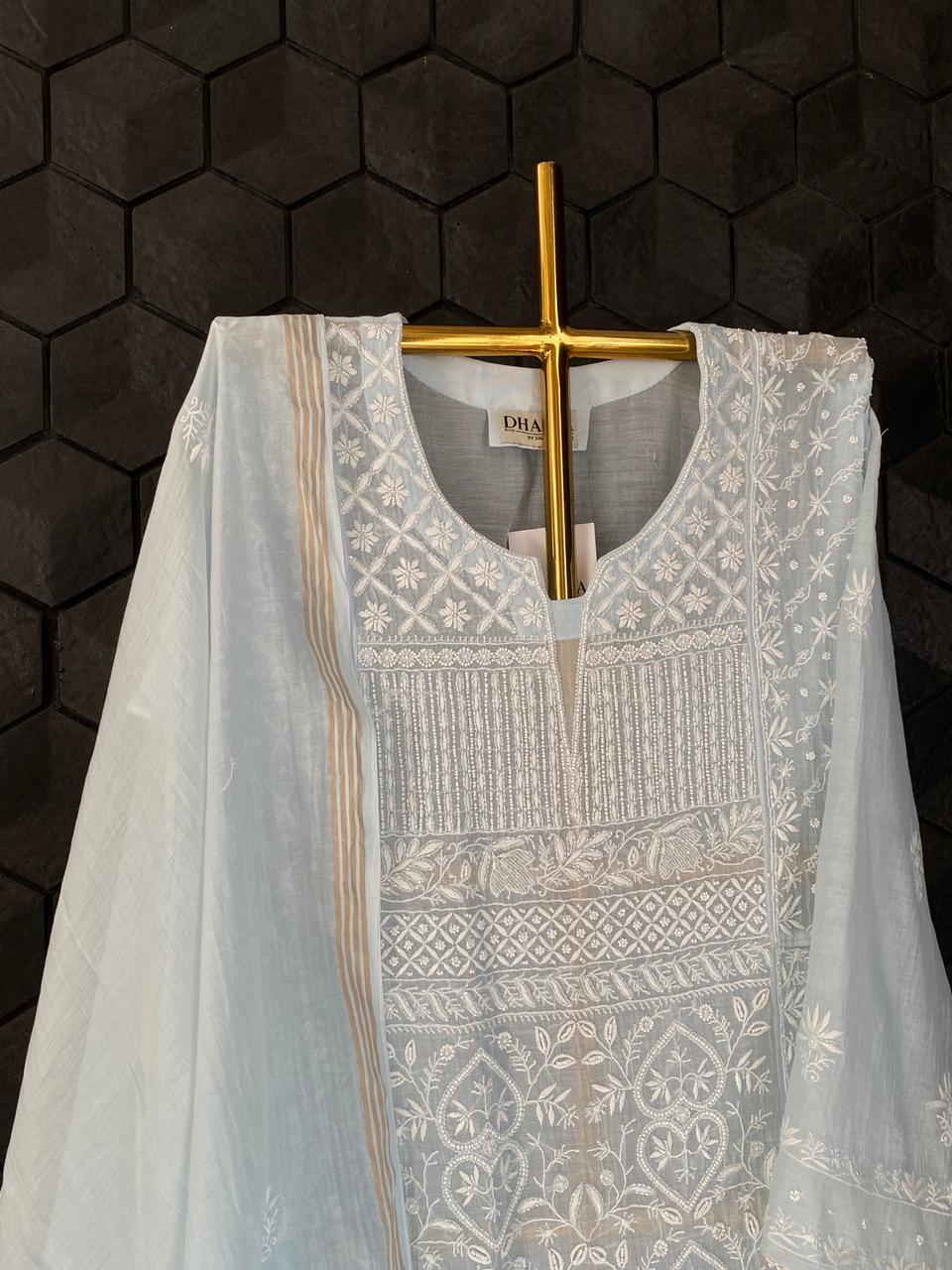 Sky Blue Mul Chanderi Chikankari Anarkali Set