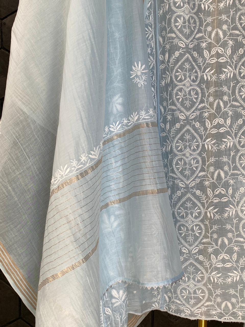 Sky Blue Mul Chanderi Chikankari Anarkali Set