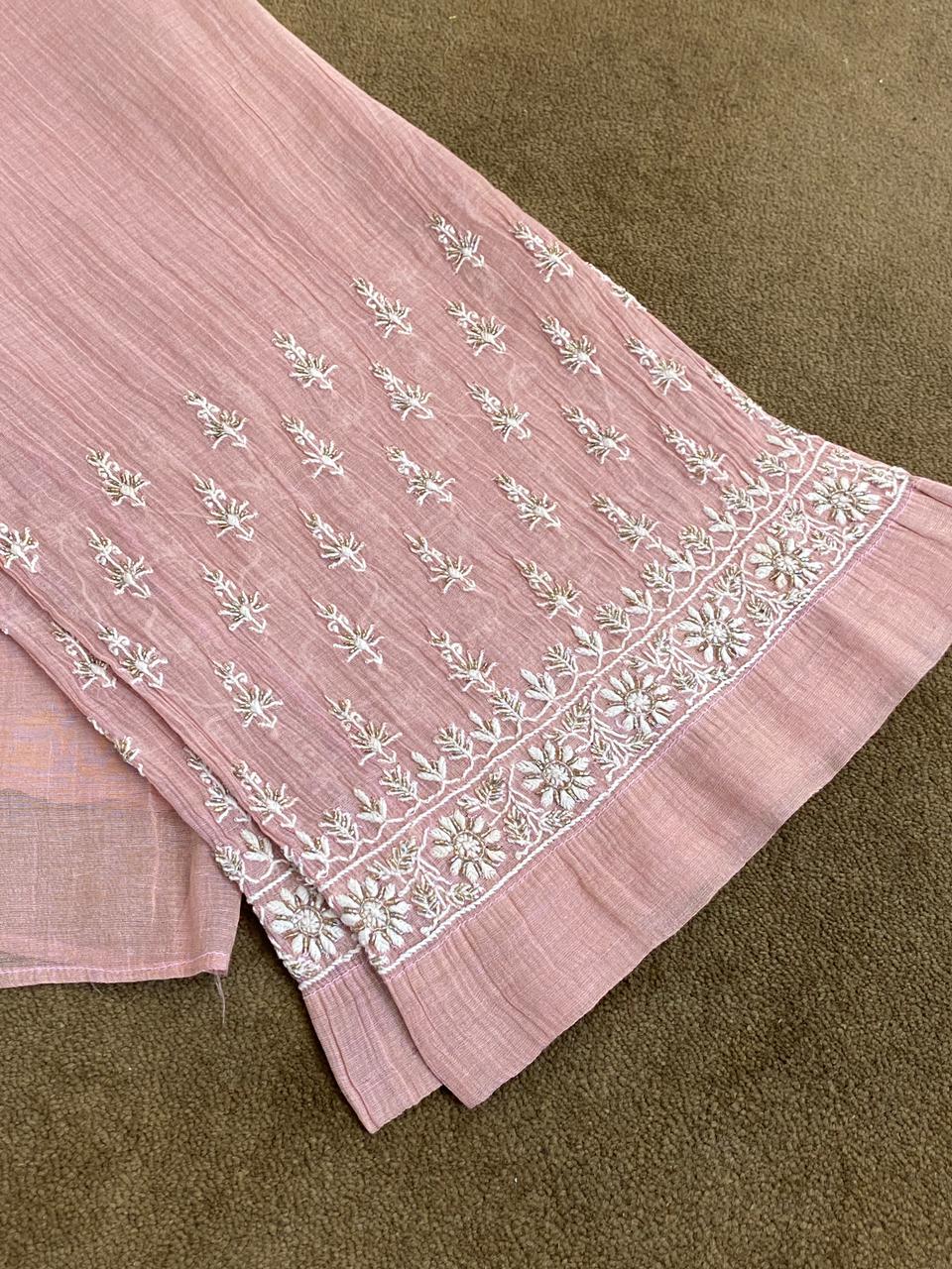 Pink Golden Tissue Chikankari Kurta Set
