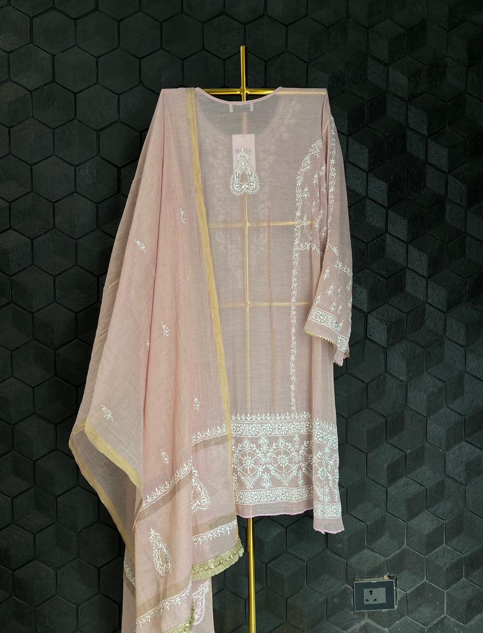Pink Golden Tissue Chikankari Kurta Set
