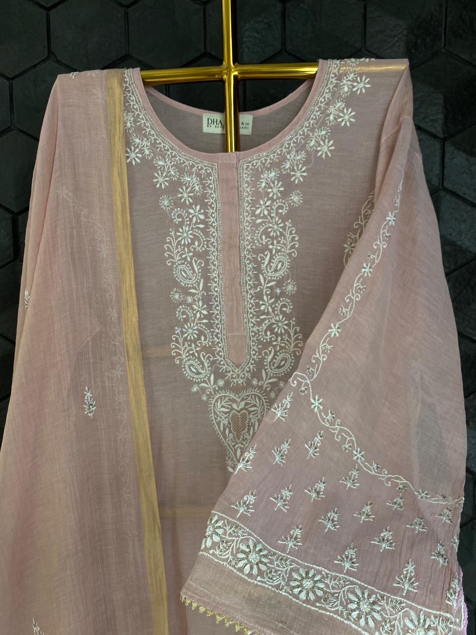 Pink Golden Tissue Chikankari Kurta Set