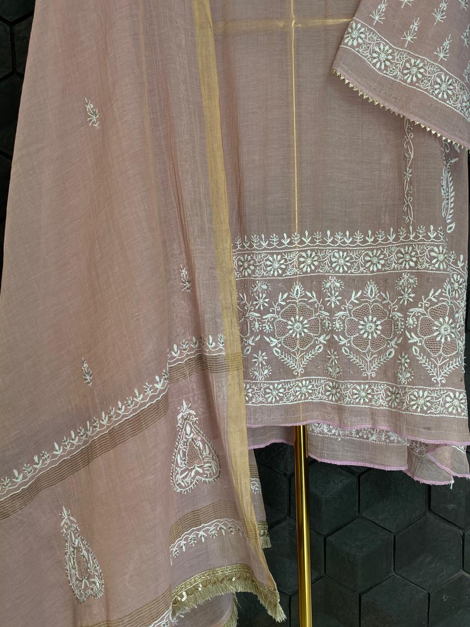 Pink Golden Tissue Chikankari Kurta Set
