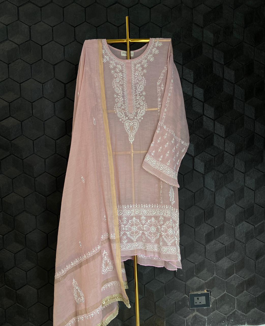 Pink Golden Tissue Chikankari Kurta Set
