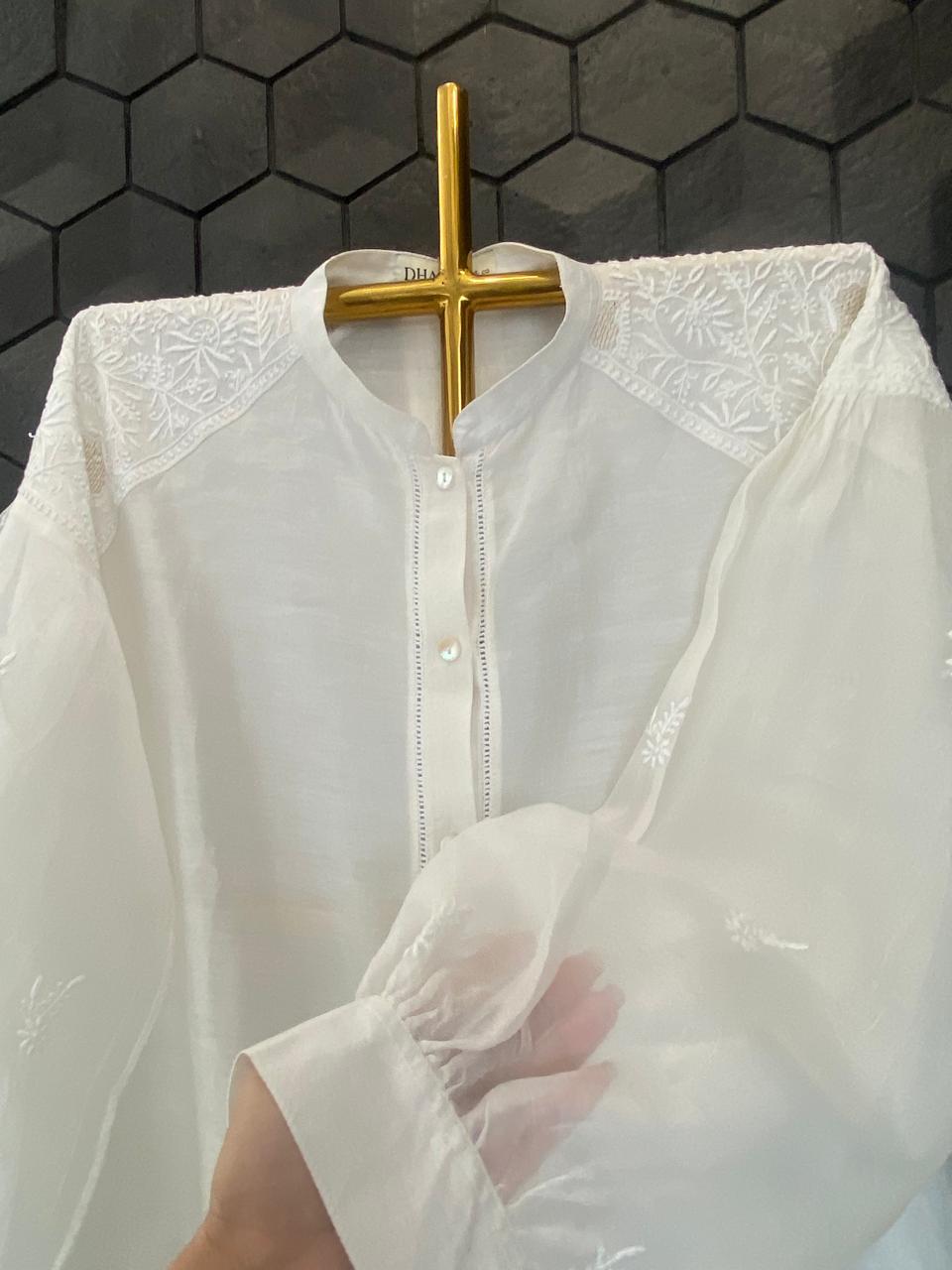 White Chanderi Chikankari Short Shirt