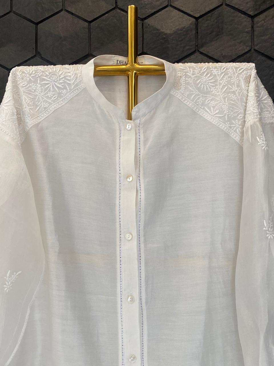 White Chanderi Chikankari Short Shirt